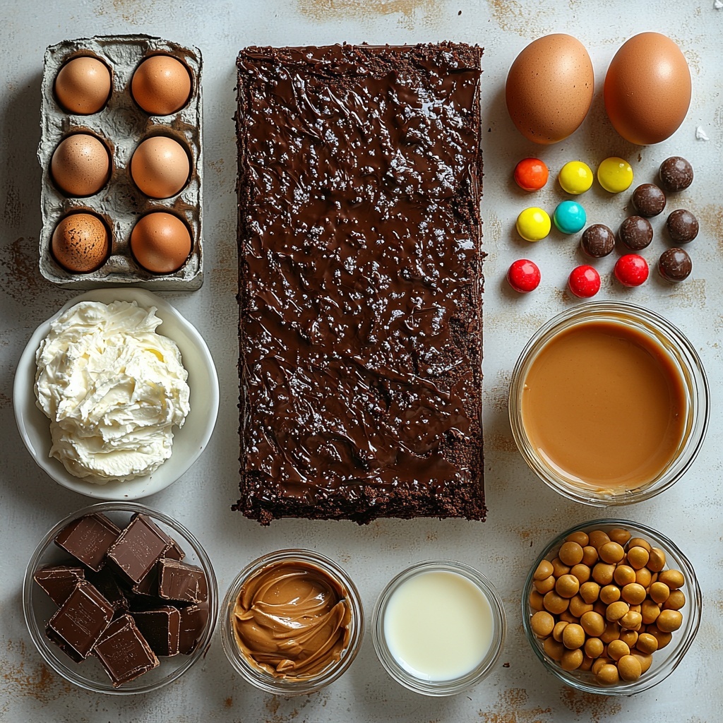 Devil’s Food chocolate cake mix box alongside eggs, clear glass bottle of oil, and a small glass of water arranged neatly on a clean white surface; smooth creamy peanut butter in a small ceramic bowl with a spoon, partially melted and glossy; a can of sweetened condensed milk opened with a small pouring bowl filled with the thick, shiny condensed milk; small box of instant vanilla pudding mix with a glass measuring cup of whole milk next to it, milk creamy and slightly frothy; soft block of cream cheese on a white dish, powdered sugar dusted lightly beside it on a rustic wooden spoon; a clear glass bowl of heavy whipping cream, thick and velvety; small bottle of vanilla extract with a smooth amber liquid; additional small bowl with melted peanut butter for garnish, glossy and smooth; scattered chopped Reese’s Cups pieces and colorful Reese’s Pieces candies arranged artfully around the main ingredients; all placed with balanced spacing showing rich browns, creamy whites, and pops of orange and yellow, under soft natural light highlighting textures and a clean, minimalistic aesthetic, overhead shot, top down view, flat lay photography, professional food styling --ar 1:1 --q 2 --s 750 --v 6.1