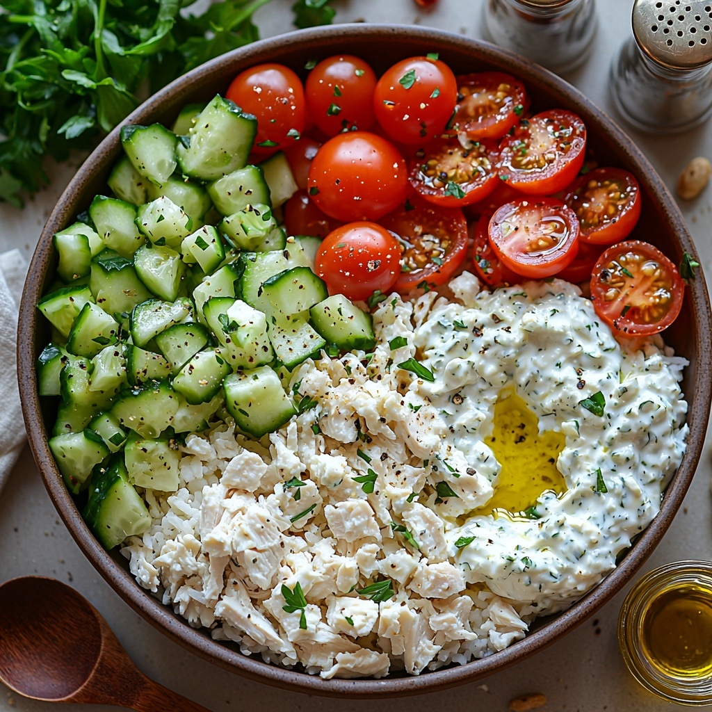 2 cups shredded cooked chicken, tender and fibrous; 1 cup creamy white tzatziki sauce in a small bowl with visible cucumber flecks; 1 cup fluffy cooked white rice neatly mounded; 1 cup diced cucumbers, fresh and bright green with crisp edges; 1/2 cup halved cherry tomatoes, glossy and vibrant red; 1/4 cup crumbled feta cheese, snowy white with crumbly texture; small glass dish of golden olive oil; small salt and pepper shakers; all ingredients artfully arranged on a clean, light neutral surface with soft natural light highlighting varied textures and colors; rustic wooden spoon nearby and a subtle linen napkin for warmth, minimal shadows, clean and inviting composition; overhead shot, top down view, flat lay photography, professional food styling --ar 1:1 --q 2 --s 750 --v 6.1