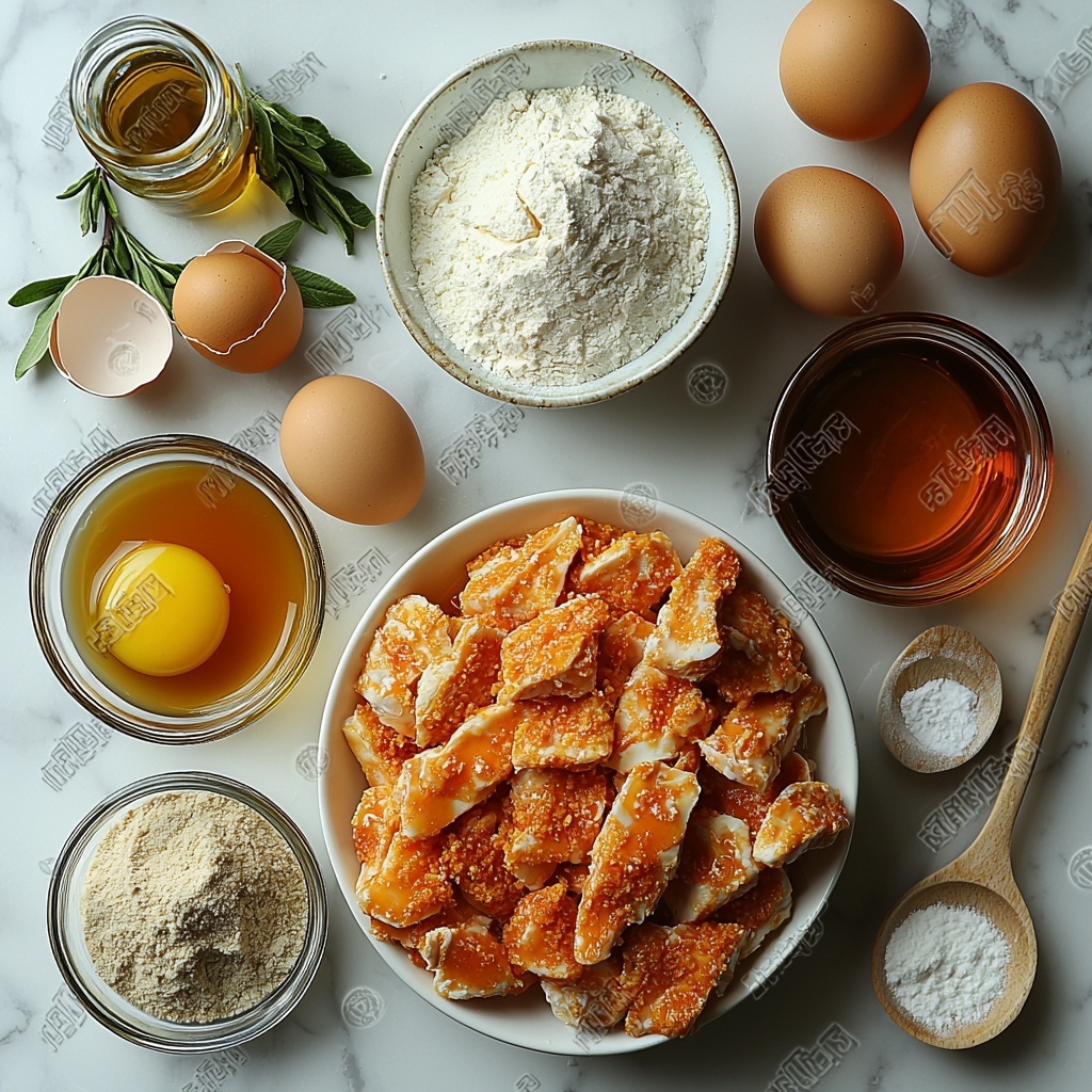 A flat lay of main ingredients for crispy chicken waffles arranged on a clean white marble surface: a neat mound of all-purpose flour in a small white ceramic bowl, a glass measuring cup filled with creamy buttermilk, two large brown eggs cracked open beside smooth melted butter in a small glass dish; raw chicken breasts seasoned with paprika, garlic powder, and onion powder lying next to a shallow bowl of golden breadcrumbs; individual white porcelain spoons holding baking powder, baking soda, and salt; a small bottle of vegetable oil with a subtle sheen nearby, and a small glass jar of rich amber maple syrup reflecting warm light. The colors contrast beautifully: the warm reddish paprika, light beige breadcrumbs, creamy yellows of butter and eggs, and the fresh pinkish hue of raw chicken. Textures vary from powdery and smooth to crumbly and slick, styled with minimal rustic props—linen napkin edges, a wooden spoon, and soft natural light casting gentle shadows to emphasize the freshness and variety of ingredients. Overhead shot, top down view, flat lay photography, professional food styling --ar 1:1 --q 2 --s 750 --v 6.1
