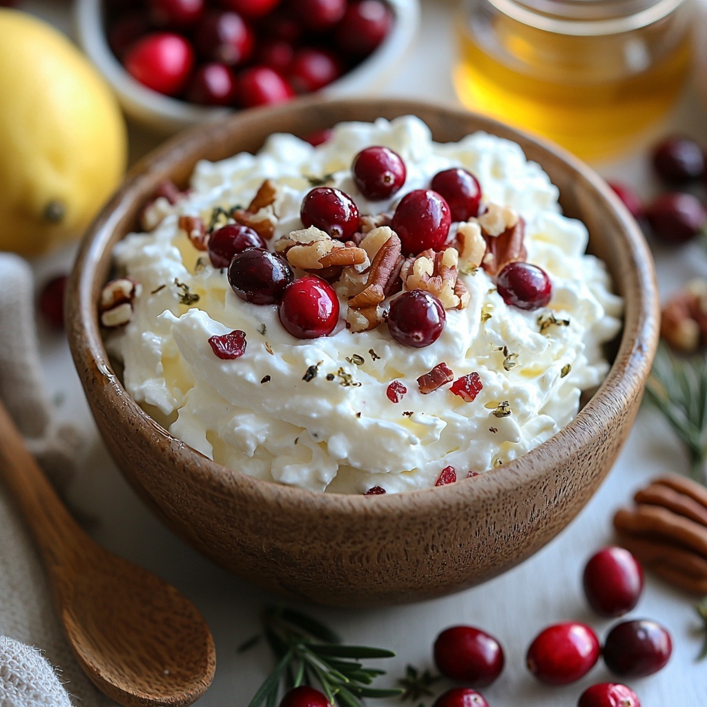 8 oz Boursin cheese in a small rustic ceramic bowl showing creamy, herb-speckled texture; 1 cup fluffy whipped cream in a glass measuring cup with soft white peaks; 1/2 cup fresh, glossy bright red cranberries scattered loosely nearby; 1/4 cup chopped pecans with rich brown tones arranged in a small wooden bowl; 1 tbsp golden honey in a tiny clear glass jar catching light to highlight its viscous sheen; 1 tbsp lemon juice in a small white porcelain dish with a thin lemon wedge beside it. All ingredients are thoughtfully spaced on a clean white or light wooden surface to emphasize natural colors and textures, with soft natural light casting gentle shadows, creating an inviting, fresh atmosphere. Minimal linen napkin partially framing the scene, a small wooden spoon resting near the pecans for added warmth and storytelling. overhead shot, top down view, flat lay photography, professional food styling --ar 1:1 --q 2 --s 750 --v 6.1