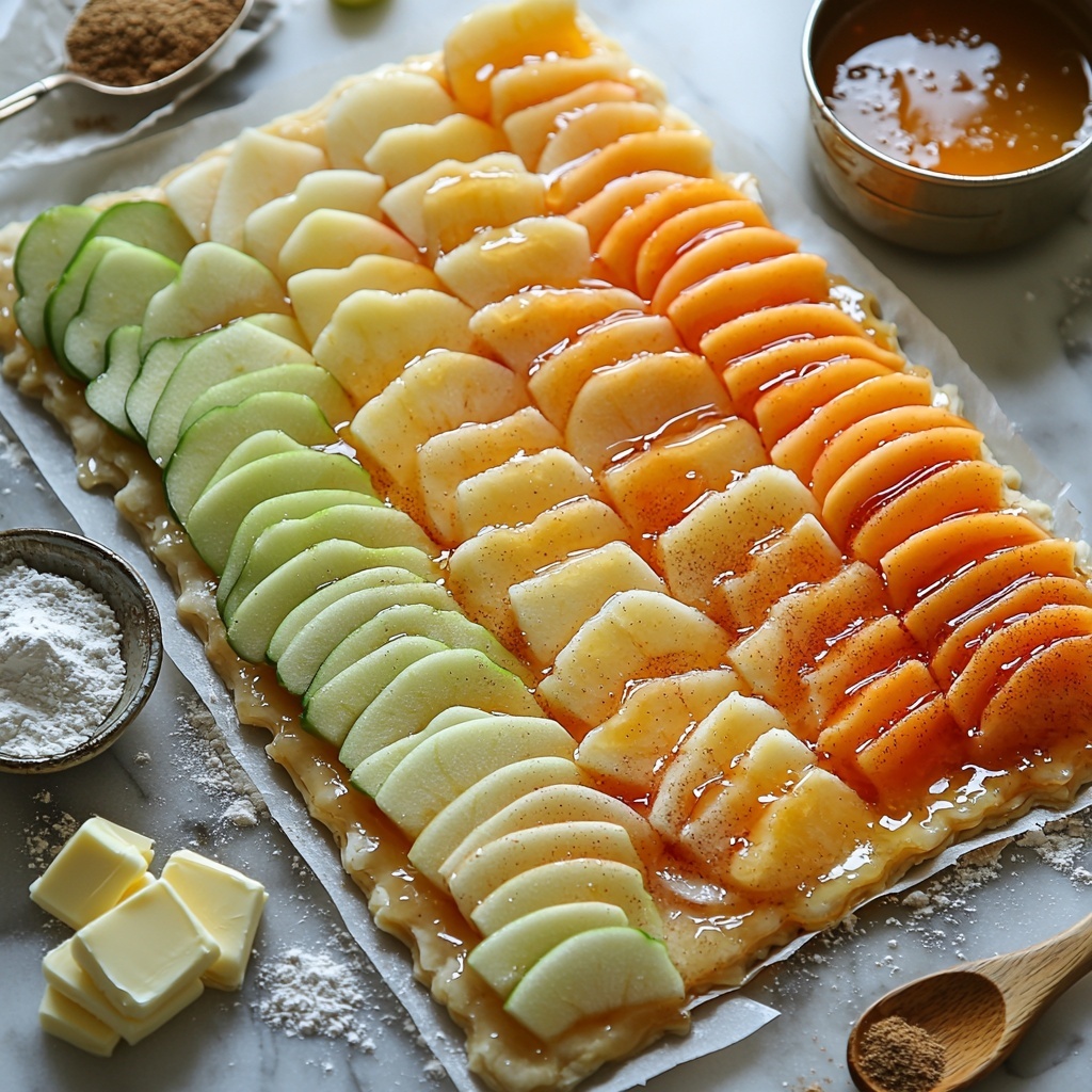 flour sprinkled lightly on a clean white marble surface, a disk of chilled short crust pastry dough on a piece of parchment paper, a small mound of granulated white sugar, several small assorted apples in varying shades of red, green, and yellow sliced thinly into half-moon shapes arranged neatly in overlapping fans, small cubes of pale yellow unsalted butter on a rustic wooden spoon, a small white bowl of golden amber apricot jam with a glossy sheen, a vintage silver teaspoon with a dollop of creamy heavy cream, a scattering of warm brown ground cinnamon powder in a delicate pile, a tiny pile of coarse kosher salt crystals sparkling subtly, a small saucepan with rich golden caramel sauce shimmering, all elements spaced thoughtfully with balance and harmony, soft natural daylight from the side creating gentle shadows and highlighting textures, minimal clean background emphasizing freshness and rustic elegance, overhead shot, top down view, flat lay photography, professional food styling --ar 1:1 --q 2 --s 750 --v 6.1