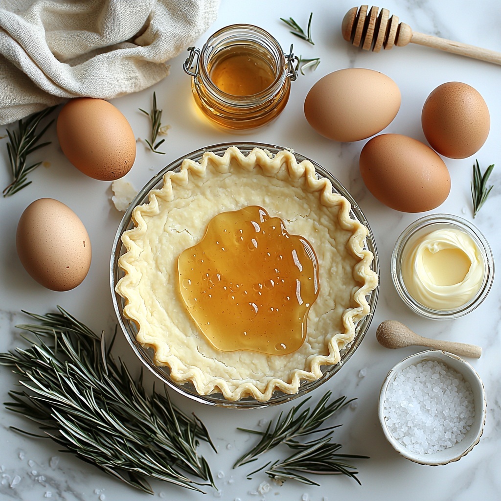 A clean, bright white surface displaying the main ingredients for Salted Honey Pie arranged neatly for an overhead flat lay photo: a smooth, rolled-out pre-made pie crust in a simple 9-inch pie dish with crimped edges; a small glass bowl of golden, viscous honey catching the light; three large fresh brown eggs with smooth shells placed near each other; a clear measuring cup filled with creamy, pale heavy cream; a small white ramekin holding a pool of melted golden butter; a tiny glass jar or bottle with vanilla extract, dark amber liquid inside; a small wooden spoon with coarse sparkling sea salt crystals resting beside the ingredients; the composition balanced with natural, soft daylight casting gentle shadows, minimal rustic props like a linen cloth in soft beige tucked partially into frame, emphasizing textures – smooth crust, glossy honey, matte eggshells, and crystalline salt – overhead shot, top down view, flat lay photography, professional food styling --ar 1:1 --q 2 --s 750 --v 6.1