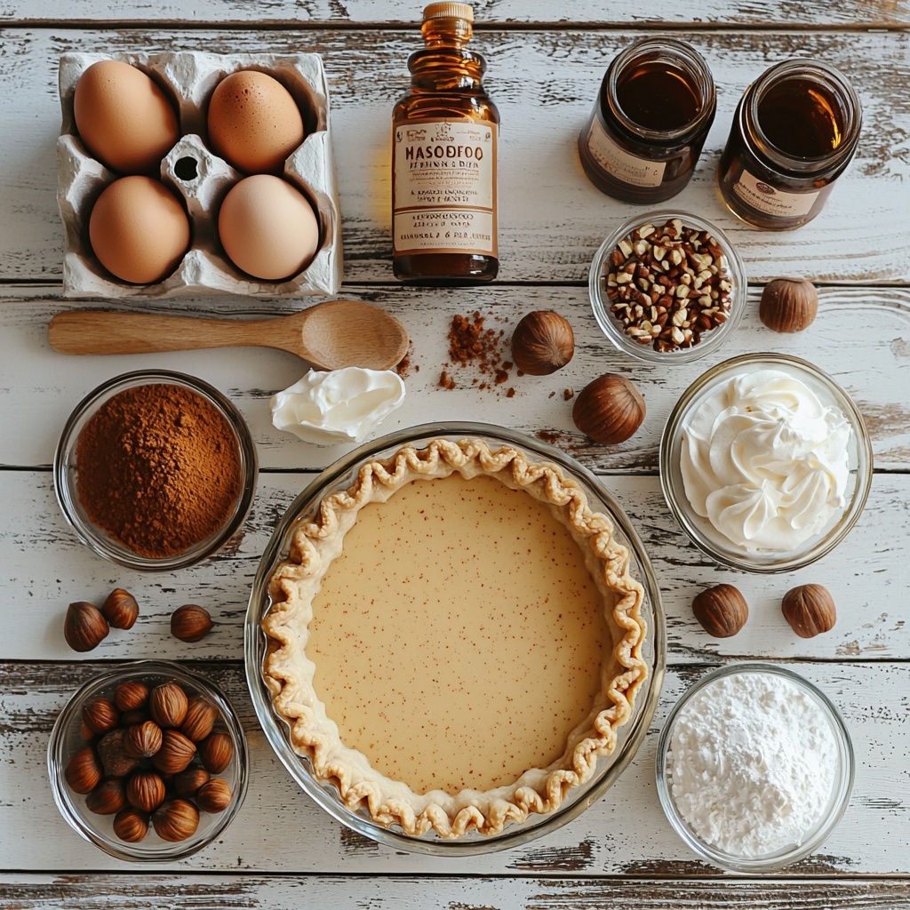 a beautifully styled flat lay of ingredients for hazelnut pumpkin pie arranged neatly on a clean white wooden surface: a 9-inch unbaked pie crust in a clear glass pie dish, a small bowl of smooth mascarpone cheese with a creamy texture, two raw eggs with glossy shells, a small glass bowl of golden light brown sugar, another bowl of fine granulated sugar, a can of rich orange pumpkin puree with a silky texture, a small glass container of pale half and half cream, a small clear bottle of amber Frangelico hazelnut liqueur, a wooden spoon, small piles of ground cinnamon, ground ginger, ground nutmeg, and salt displayed as warm brown and beige powders on a white ceramic plate, a small glass bowl with pure white granulated sugar, a tiny bowl of pure vanilla extract with a dark amber color, and a dollop of freshly whipped cream with soft peaks on a minimalist white dish; soft natural lighting highlighting the warm autumn tones, rustic yet clean aesthetic, subtle shadows adding depth, scattered hazelnuts and a sprinkle of cinnamon powder for texture, all arranged harmoniously with modern professional food styling, overhead shot, top down view, flat lay photography, professional food styling --ar 1:1 --q 2 --s 750 --v 6.1