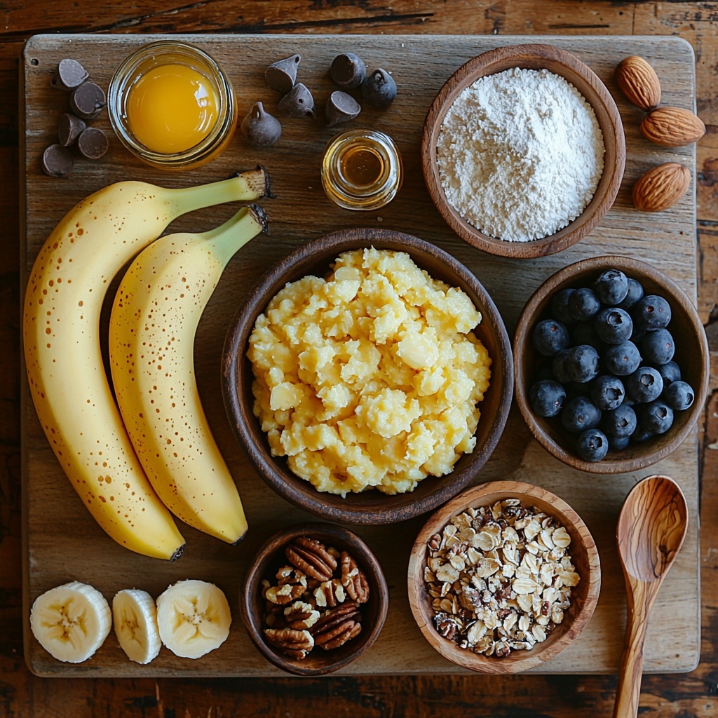 A clean, light wooden surface with all main ingredients for banana bread carefully arranged in an aesthetically pleasing flat lay. Three ripe bananas with yellow skin and brown speckles, one medium bowl of mashed bananas showing creamy, slightly chunky texture, a small glass bowl of light brown packed sugar with a rich, granular texture, a small bowl of melted golden butter with a glossy surface, a neat pile of all-purpose flour with a soft powdery texture, a small bowl containing baking soda and salt fine powders, a tiny bowl with ground cinnamon showing warm brown coloring, a cracked large brown egg with visible yolk and egg white in a ceramic bowl, a small bottle or vial of vanilla extract with dark amber liquid, and optional add-ins delicately placed around: chopped walnuts or pecans with rough, crinkly textures, dark irregular chocolate chips, and fresh blueberries with deep blue, slightly shiny skins. Natural soft lighting enhances the warm and inviting color palette of yellows, browns, creams, and blues. Minimalist styling with subtle linen napkin edges, wooden spoons, and a few banana leaves casually placed to add organic accents. The arrangement is balanced with ingredients spaced to show variety in shapes and textures, emphasizing freshness and homemade feel. overhead shot, top down view, flat lay photography, professional food styling --ar 1:1 --q 2 --s 750 --v 6.1