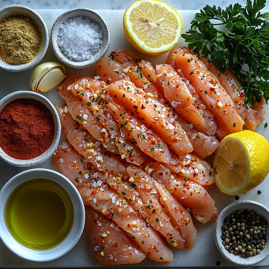 Lemon garlic chicken ingredients beautifully arranged on a clean white marble surface: raw chicken tenders sliced into strips, glistening pale pink and juicy; small glass bowls of deep golden extra virgin olive oil, finely minced pale shallot, and minced bright white garlic cloves; vibrant paprika powder in a tiny bowl showing rich red-orange texture; a fresh lemon cut in half with bright yellow flesh and scattered lemon wedges nearby; a small white ramekin with freshly squeezed lemon juice glistening; a bunch of freshly chopped green parsley leaves scattered artfully around; salt and black pepper in small ceramic spoons with fine white grains and coarsely ground dark pepper visible — all ingredients spaced evenly and balanced with natural daylight casting soft shadows, styled with minimal props such as a linen napkin and subtle rustic wooden elements for warmth. The composition highlights the variety of textures and fresh colors in a crisp, clean, modern aesthetic. Overhead shot, top down view, flat lay photography, professional food styling --ar 1:1 --q 2 --s 750 --v 6.1