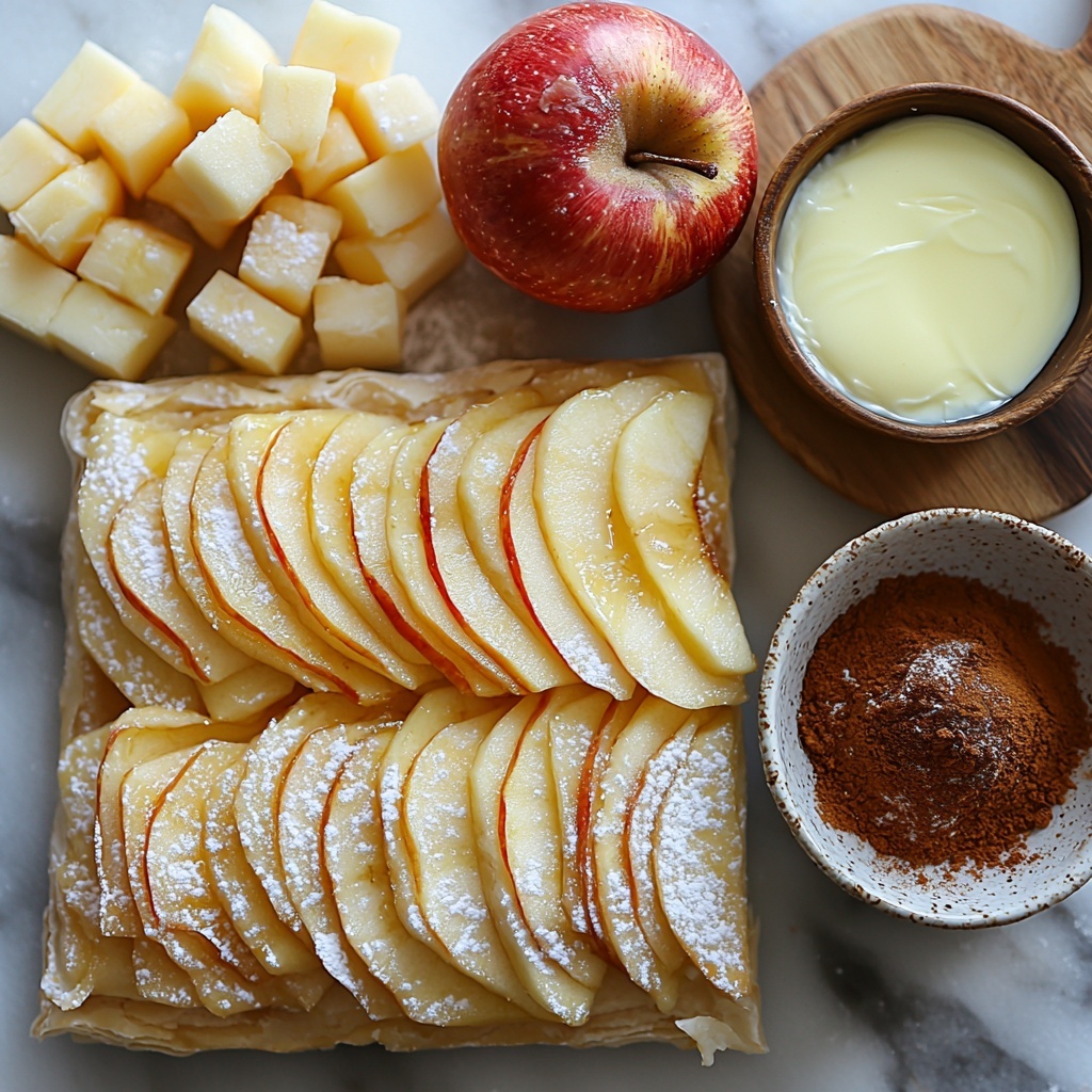 A clean white marble surface with the main ingredients for apple puff pastry neatly arranged: a sheet of golden, flaky puff pastry folded to show its layers; two vibrant firm apples—one Granny Smith with bright green skin and one Honeycrisp with red and yellow hues—one apple thinly sliced in delicate, translucent crescent shapes fanned out; a small rustic wooden bowl filled with rich, dark brown sugar crystals; a tiny porcelain dish holding warm reddish-brown ground cinnamon powder; several small cubes of creamy pale yellow unsalted butter on a simple ceramic plate; a small ramekin with a glossy beaten egg wash showing a smooth, shiny texture; a fine mesh sieve dusting a light veil of snowy white powdered sugar nearby; natural soft daylight casting gentle shadows, minimal props for an uncluttered look, subtle hints of warm wood tones and natural linen in the background to add warmth and texture, styled for an inviting, cozy baking atmosphere. Overhead shot, top down view, flat lay photography, professional food styling --ar 1:1 --q 2 --s 750 --v 6.1