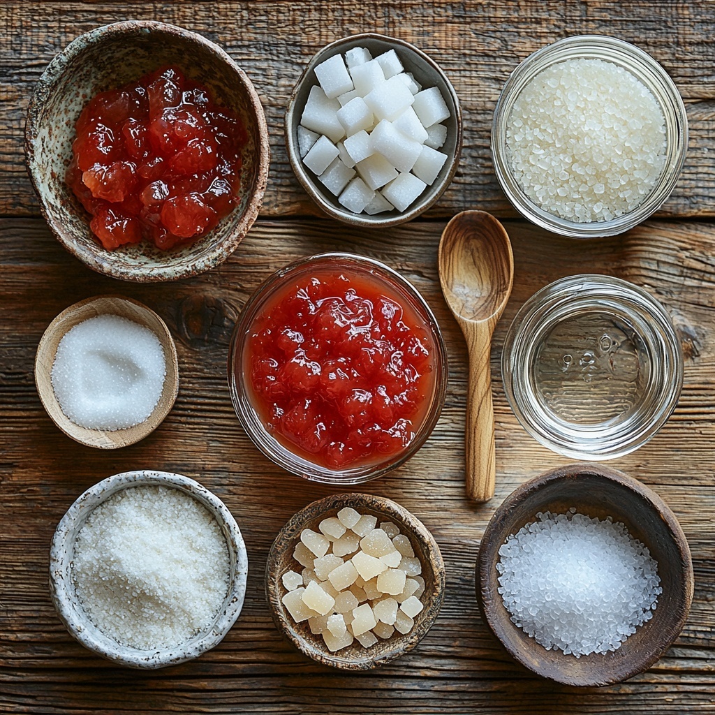 A clean, light wooden surface neatly arranged with key ingredients for sweet and sour sauce: a small clear glass bowl filled with bright red ketchup, a measuring cup with translucent white vinegar, a small rustic bowl heaped with rich, moist, dark brown sugar crystals, a glass jar of clear water, a small white ramekin holding fine white cornstarch powder, and a tiny ceramic dish containing fine granulated salt. Each ingredient is displayed in simple, elegant containers enhancing their natural colors and textures. Soft natural light casts gentle shadows, highlighting the glossy sheen of the ketchup, the grainy texture of the brown sugar, and the powdery softness of the cornstarch and salt. The arrangement is balanced and symmetrical, with enough space around each element to emphasize clarity and freshness. A few subtle linen napkins in neutral tones and a wooden spoon placed casually add warmth and a homey touch. overhead shot, top down view, flat lay photography, professional food styling --ar 1:1 --q 2 --s 750 --v 6.1