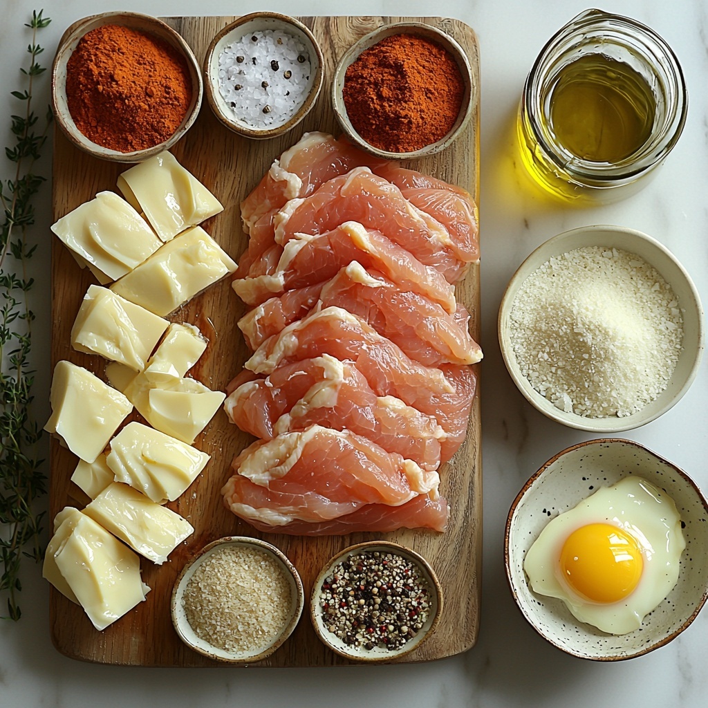 a clean, bright surface featuring main ingredients for homemade baked chicken tenders arranged neatly in a flat lay style: raw chicken breast strips placed on a small wooden board showing smooth, pale pink texture; a clear glass bowl filled with golden breadcrumbs with a coarse texture; a small white ramekin with finely grated Parmesan cheese, fluffy and pale yellow; a tiny ceramic dish holding vibrant red paprika powder alongside a small heap of white garlic powder; a salt and pepper grinder set beside scattered coarse salt crystals and black peppercorns; two beaten eggs in a clear glass bowl with a glossy, rich yellow color and bubbles on the surface; a sleek olive oil spray bottle with a metallic nozzle nearby; all elements spaced evenly with subtle shadows on a clean white marble countertop; natural soft lighting highlighting the textures and colors, creating a fresh and inviting atmosphere; minimalistic styling with a touch of rustic charm, small sprigs of fresh herbs for contrast and warmth overhead shot, top down view, flat lay photography, professional food styling --ar 1:1 --q 2 --s 750 --v 6.1
