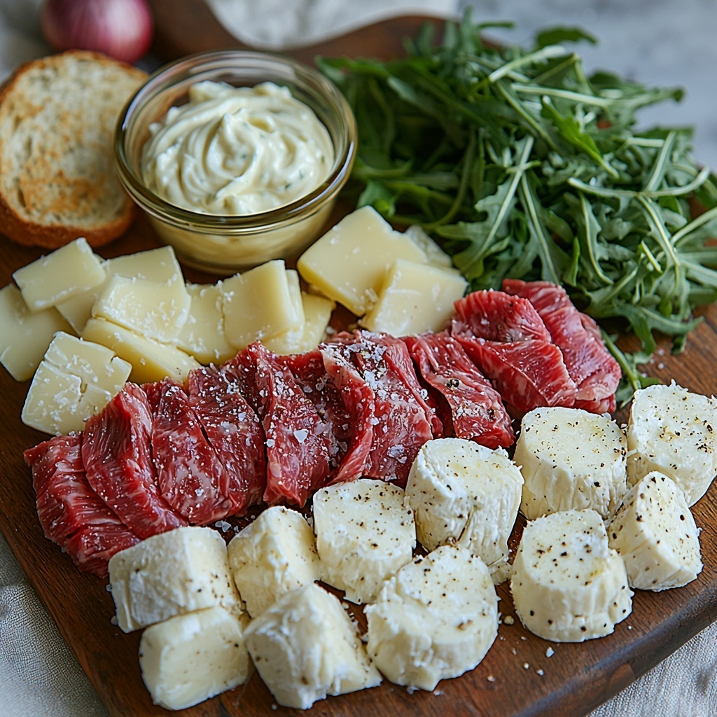 2 tablespoons golden olive oil in a small glass dish, thinly sliced translucent rings of pale yellow onion arranged in a neat pile, 1 pound of raw shaved steak with rich deep red and marbled white fat textures spread out slightly, 1 ½ teaspoons coarse kosher salt in a small wooden bowl, 4 slices creamy white Monterey Jack cheese stacked with slight soft folds, 1 rustic ciabatta loaf cut into 4 pieces showing airy, flour-dusted crust and soft porous crumb, a small bowl of pale yellow Lemon Basil Aioli with green herb flecks, fresh vibrant green arugula leaves loosely scattered to show their crisp texture and jagged edges, all ingredients carefully spaced on a smooth clean white surface with soft natural light casting gentle shadows, subtle props like a wooden cutting board and linen napkin to add warmth, emphasis on fresh colors, contrasting textures, and inviting arrangement inviting the viewer to assemble the sandwich overhead shot, top down view, flat lay photography, professional food styling --ar 1:1 --q 2 --s 750 --v 6.1