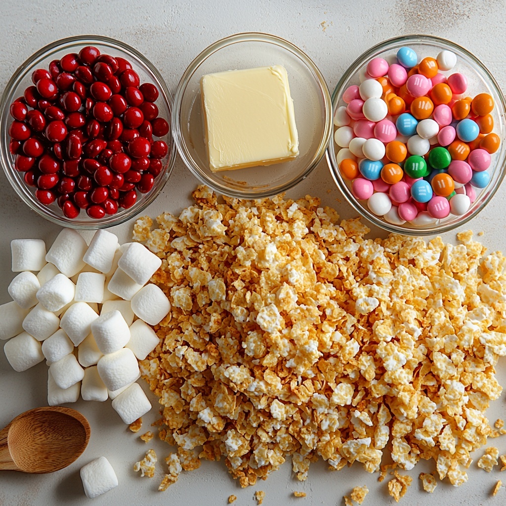 Unsalted butter cube, soft and pale yellow; a heap of glossy white mini marshmallows spilling slightly; a small glass bowl with clear vanilla extract; a tiny dish with vibrant green gel food coloring, smooth and glossy; a rustic pile of golden corn flakes with their crisp, flaky texture visible; scattered bright red M&M’s mixed with multicolored festive sprinkles, round and shiny. All ingredients meticulously arranged on a clean, matte white surface with soft natural light casting gentle shadows to highlight textures. Minimalist styling with a few crumbs and a small wooden spoon casually placed nearby for an inviting, organic feel. Overhead shot, top down view, flat lay photography, professional food styling --ar 1:1 --q 2 --s 750 --v 6.1