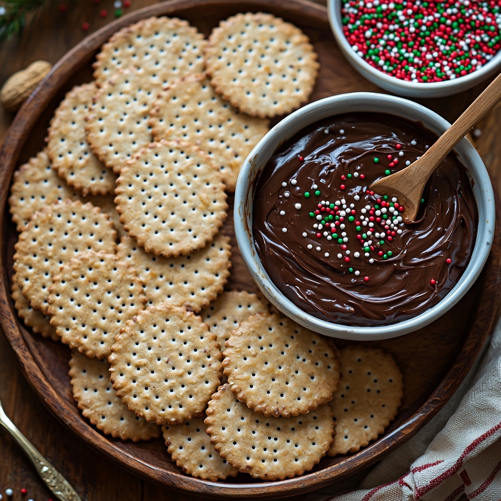 32 Ritz crackers arranged in neat stacks and scattered casually, some whole with their textured edges visible; a small ceramic bowl filled with smooth, creamy peanut butter, glossy and slightly swirled with a wooden spoon resting inside; a medium glass bowl holding glossy, partially melted Ghirardelli chocolate wafers in rich white and dark chocolate hues; a small white dish with vibrant, colorful decorative Christmas sprinkles—tiny nonpareil spheres in red, green, white, and gold; all ingredients laid out on a clean, light wooden surface with soft natural lighting to enhance the warm golden tones of the crackers and the rich sheen of the chocolate and peanut butter; minimal shadows, crisp focus highlighting textures from the crumbly crackers to the velvety peanut butter and smooth chocolate; some sprinkles lightly scattered around to add festive charm and visual interest; styling includes rustic linen napkin folded neatly to one side and a couple of vintage silver forks casually placed nearby for a cozy, inviting atmosphere. overhead shot, top down view, flat lay photography, professional food styling --ar 1:1 --q 2 --s 750 --v 6.1