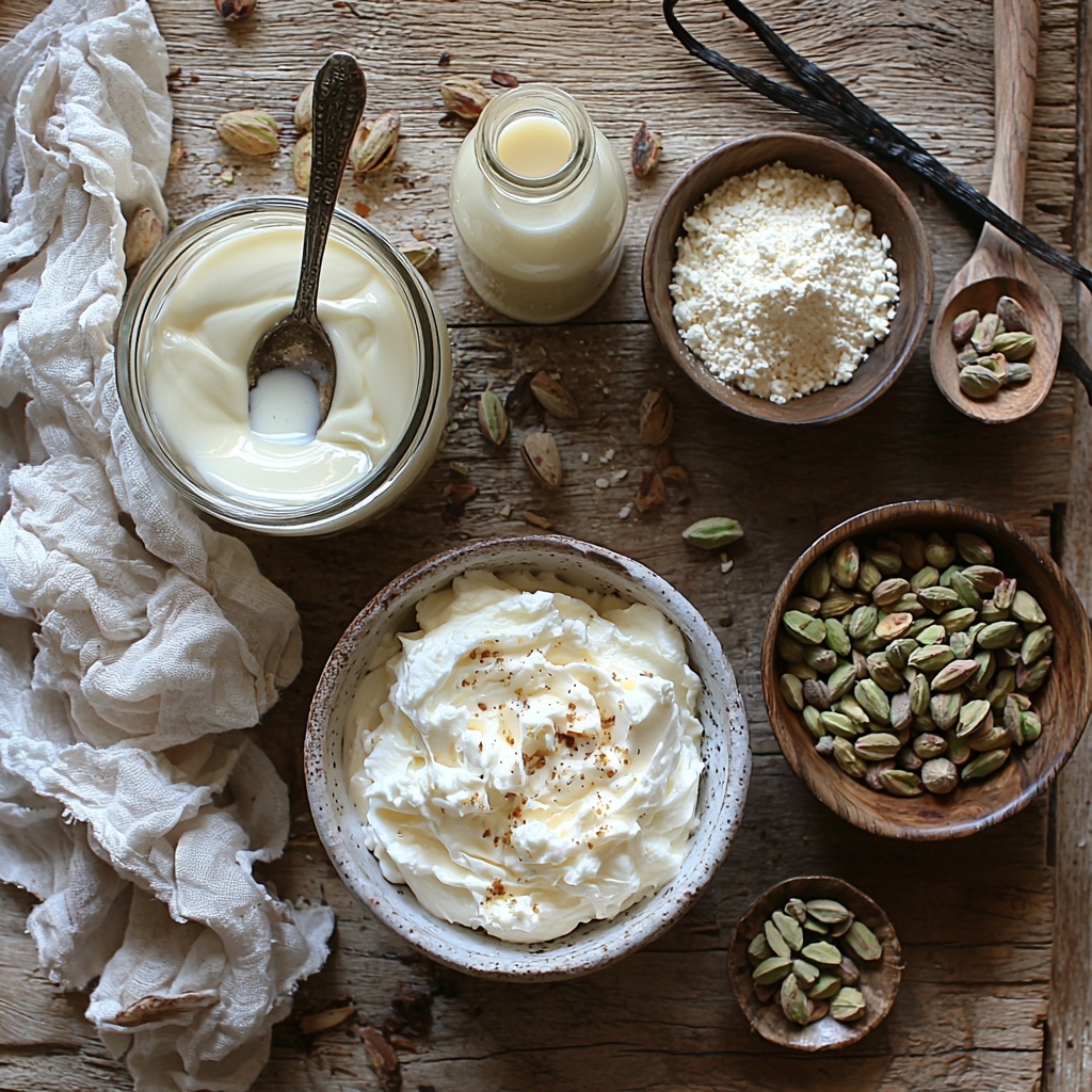 14 ounces condensed milk in a small vintage glass jar with a silver spoon inside, next to 14 ounces evaporated milk in a matching clear glass bottle, creamy white and smooth textures visible; a small rustic white bowl filled with thick heavy whipping cream, silky and lush; a tiny glass dish with pale yellow vanilla extract, translucent and glossy; a delicate porcelain spoon holding fine ground green cardamom powder; a small wooden bowl filled with crushed vibrant green pistachios with rough, uneven texture; all ingredients neatly arranged on a clean, natural light wooden surface with soft shadows, ample negative space around each item for balance, styled with subtle linen cloth in warm neutral tones beside the bowls, fresh pistachio nuts and a vanilla pod casually placed as accents, creating a fresh and inviting feel; colors predominantly creamy whites, soft greens, and warm browns, emphasizing natural textures and purity; overhead shot, top down view, flat lay photography, professional food styling --ar 1:1 --q 2 --s 750 --v 6.1