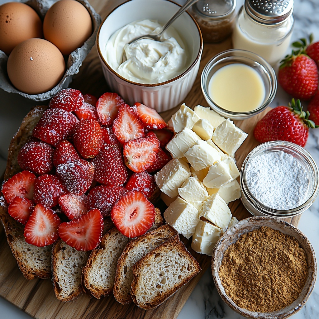 thick-cut rustic bread slices neatly stacked and fanned out, smooth softened cream cheese in a small white bowl with a vintage silver spoon, delicate mound of powdered sugar next to the bowl, fresh bright red strawberries sliced and arranged in a fan shape showcasing juicy texture, three large fresh eggs in natural brown shells placed in a small cluster, a glass measuring cup filled with creamy milk or half-and-half with subtle reflections, a small glass bowl of golden cinnamon powder, a small dish of golden melted butter with slight gloss, a tiny bottle or jar of clear vanilla extract with a simple label, a small vintage sifter dusted lightly with powdered sugar, warm natural light casting soft shadows on a clean, light wood or marble surface, minimalistic white ceramic plates and utensils subtly placed nearby, colors vibrant with creamy whites, rich reds, warm browns, and soft yellows, textures contrasting from smooth cream cheese, soft bread, and juicy strawberries to powdery sugar and glossy butter, careful spacing to highlight each ingredient distinctly but harmoniously arranged, overhead shot, top down view, flat lay photography, professional food styling --ar 1:1 --q 2 --s 750 --v 6.1