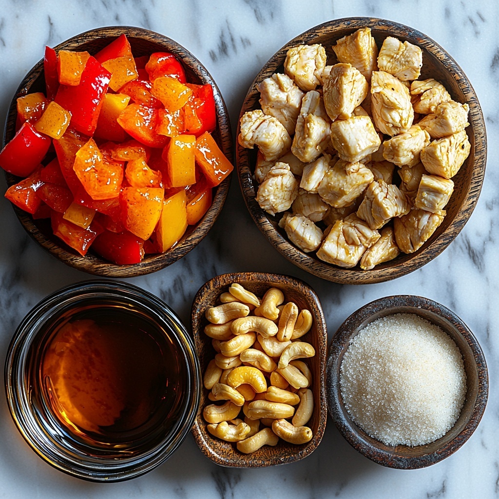 4 boneless, skinless chicken breasts cut into bite-sized pieces, fresh minced garlic cloves, two sliced bell peppers in vibrant red and yellow colors, a small bowl of crispy unsalted cashews, a glass bowl with dark glossy low-sodium soy sauce, a small dish of light brown granulated brown sugar, a small mound of fine white cornstarch powder, and a shallow dish with golden cooking oil droplets, all carefully arranged on a clean white marble surface. The ingredients are spaced evenly with natural soft daylight highlighting the varied textures—from the smooth chicken pieces and glossy soy sauce to the rough cashews and finely granulated sugar—creating a visually balanced and colorful composition. Minimal shadows, slight reflections on the bowls, and rustic wooden spoons gently placed nearby enhance the inviting and fresh atmosphere. overhead shot, top down view, flat lay photography, professional food styling --ar 1:1 --q 2 --s 750 --v 6.1