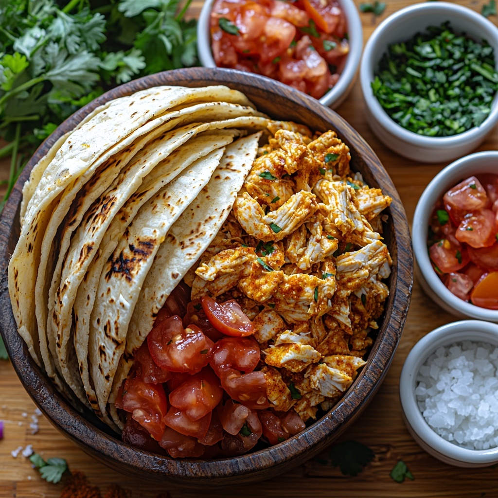 corn tortillas stacked in a neat pile, cooked shredded chicken piled loosely in a rustic bowl, diced red tomatoes in a small ceramic dish, diced white onions in a matching bowl, creamy queso cheese sauce in a white ramekin showing smooth texture, small bowls of ground cumin and chili powder with earthy brown and reddish hues, a pinch of salt in a tiny white dish, fresh chopped cilantro scattered artfully on a light wooden surface, natural soft daylight highlighting vibrant colors and varied textures, clean minimalist background enhancing the freshness and warmth of ingredients, subtle shadows adding depth, overhead shot, top down view, flat lay photography, professional food styling --ar 1:1 --q 2 --s 750 --v 6.1
