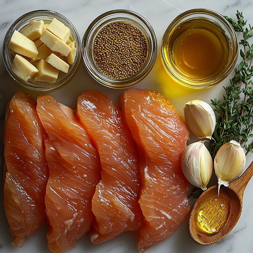 olive oil in a small glass bowl with golden glossy texture, three tablespoons of rich amber honey in a clear jar, a spoonful of whole grain mustard showcasing coarse yellow seeds, smooth pale yellow Dijon mustard in a sleek spoon, two peeled garlic cloves and a small pile of minced garlic with fine texture, four raw boneless skinless chicken breasts with pale pink flesh and subtle marbling arranged neatly, fresh sprigs of vibrant green thyme scattered lightly as garnish, all ingredients artfully spaced on a clean white surface with soft natural lighting highlighting textures and colors, slight shadows for depth, subtle rustic kitchen props like a wooden spoon and linen napkin partially visible for warmth, clean and minimalistic styling emphasizing freshness and simplicity, overhead shot, top down view, flat lay photography, professional food styling --ar 1:1 --q 2 --s 750 --v 6.1