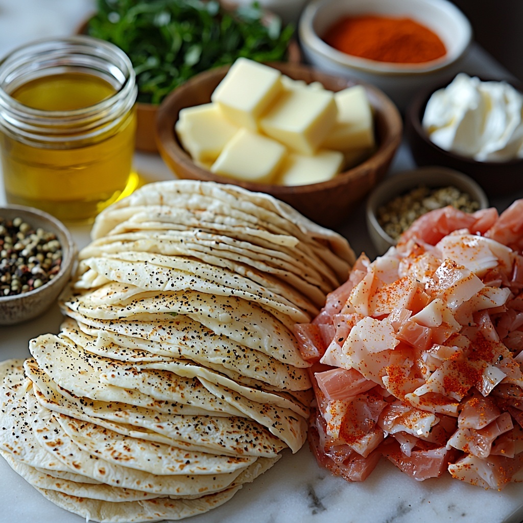 Chicken breasts (boneless, skinless, raw, plump and pink), thinly sliced cooked ham (light pink, neatly stacked), shredded Swiss cheese (white, fluffy piles), flour tortillas (large, soft, slightly textured, stacked and fanned), small bowls with creamy Dijon sauce (pale yellow with specks of seasoning), olive oil in a small glass jar (golden and glossy), butter cubes (pale yellow, smooth, slightly melting edges), small dishes of dry spices – garlic powder (off-white fine powder), onion powder (light beige), paprika (vibrant red), salt and black pepper (coarse grains), fresh lemon wedge (bright yellow, juicy texture), and a dollop of sour cream or Greek yogurt (thick, white, creamy). All ingredients artfully arranged on a clean white marble surface with natural daylight highlighting the vibrant colors and diverse textures; casual yet elegant composition with some ingredients slightly overlapping, soft shadows creating depth, minimal props for a fresh, inviting aesthetic. Overhead shot, top down view, flat lay photography, professional food styling --ar 1:1 --q 2 --s 750 --v 6.1