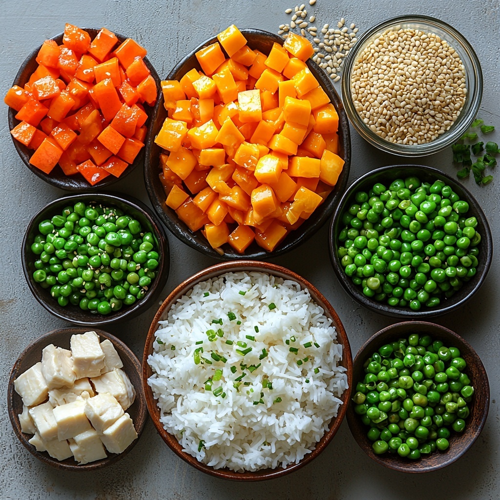 A clean white surface with all the main ingredients neatly arranged for a vibrant flat lay: a small bowl of fluffy cooked white rice with visible grains, a colorful pile of mixed vegetables featuring bright orange carrot cubes, green peas, and yellow corn kernels, a small dish with diced cooked chicken pieces showing juicy texture, a pair of small bowls containing dark amber soy sauce and creamy pale orange bang bang sauce, a slender glass container of golden sesame oil, delicate chopped green onions scattered for freshness, a tiny dish with minced garlic and minced ginger cloves showcasing fine texture, and small salt and pepper shakers placed elegantly nearby. The arrangement captures a harmony of warm and cool tones, emphasizing the freshness and variety of ingredients with natural soft lighting highlighting the textures—smooth sauces, crisp vegetables, tender chicken, and fluffy rice. The composition is clean and balanced, styled with minimal rustic props to keep focus on ingredients, subtle shadows adding depth for a professional food photography feel. overhead shot, top down view, flat lay photography, professional food styling --ar 1:1 --q 2 --s 750 --v 6.1