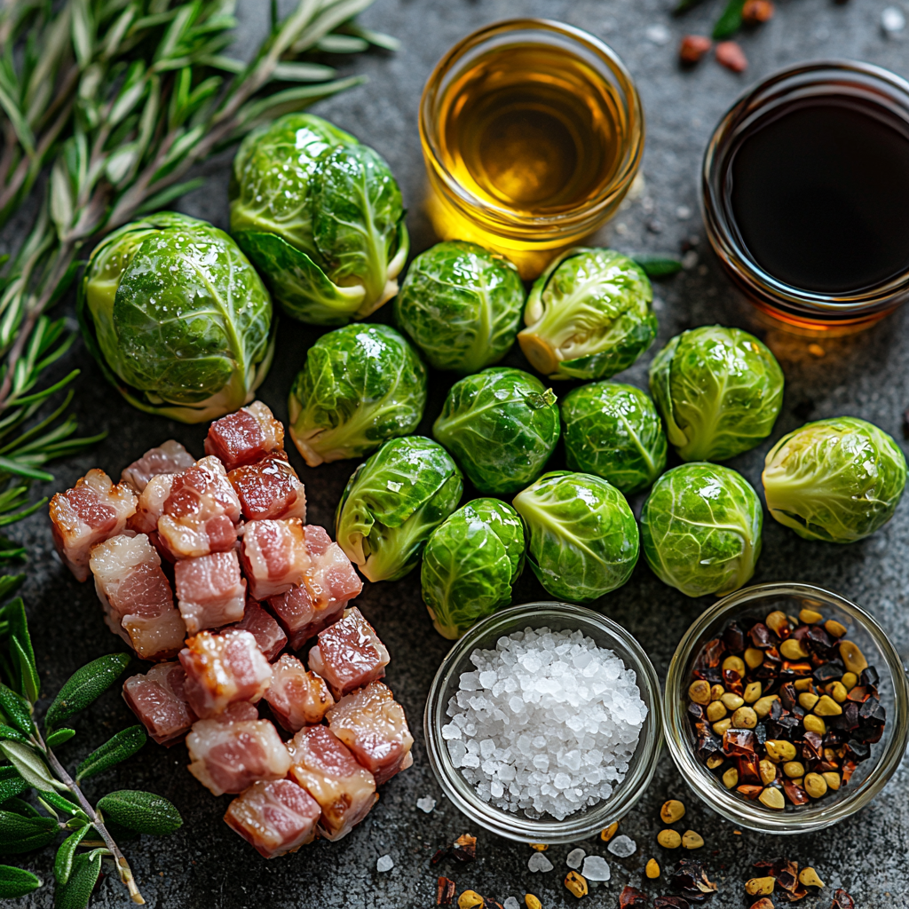 Brussels sprouts trimmed and halved, vibrant bright green with fresh crisp textures, arranged in a neat cluster; thick-cut bacon slices chopped into 1-inch pieces, rich pink and marbled with white fat, scattered artfully nearby; small glass bowls containing golden olive oil glistening under soft light, coarse grains of kosher salt visible shimmering against a white surface; a small drizzle of amber maple syrup in a delicate dish, smooth and glossy; a tiny clear bowl of dark, glossy balsamic vinegar with deep mahogany hues; all ingredients placed on a clean, neutral-toned surface with soft natural lighting enhancing the vivid colors and textures, minimal shadows, styled with rustic kitchen linen and subtle greenery sprigs to add freshness, overhead shot, top down view, flat lay photography, professional food styling --ar 1:1 --q 2 --s 750 --v 6.1