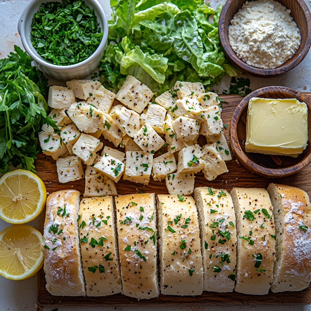 4 sub rolls sliced open showing soft crumb, raw chicken tenderloins tenderized with visible texture, bright green chopped romaine lettuce in a small heap, fresh grated parmesan scattered loosely in a small wooden bowl and sprinkled around, halved lemon with bright yellow flesh and juice droplets nearby, a small bowl of creamy Caesar dressing with smooth texture, shallow dishes containing fine white flour, golden breadcrumbs or panko crumbs, a small glass bowl of pale golden avocado oil reflecting light, two roasted garlic heads cut crosswise revealing caramelized golden cloves, finely chopped fresh parsley sprinkled artistically on the surface, softened unsalted butter in a small white ramekin with a creamy texture, a few sprinkles of coarse salt and freshly ground peppercorns scattered for rustic effect, all arranged neatly on a clean white marble surface with soft natural lighting highlighting the contrasting textures and vivid colors, slight shadows adding depth, clean and minimal styling with a few fresh parsley sprigs for garnish, overhead shot, top down view, flat lay photography, professional food styling --ar 1:1 --q 2 --s 750 --v 6.1