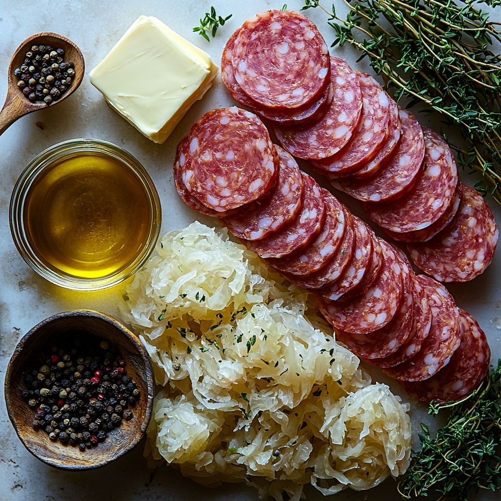a flat lay overhead shot of main ingredients for kielbasa and sauerkraut recipe arranged neatly on a clean white surface: sliced kielbasa sausage diagonally cut into thick pieces with rich reddish-brown color and a slight glossy sheen, a small bowl of golden olive oil sparkling under soft light, chunks of creamy unsalted butter on a vintage butter knife, thinly sliced translucent white onion rings fanned out in a semi-circle, a rustic ceramic bowl filled with pale yellow sauerkraut showing shredded cabbage texture, a small glass container of light amber chicken broth with subtle reflections, scattered dried oregano leaves in muted green tones, freshly ground black pepper grains in a tiny wooden spoon. The ingredients are spaced evenly with natural shadows, styled with a cozy yet clean aesthetic emphasizing textures and warm tones, minimal props, natural diffuse light, soft shadows, overhead shot, top down view, flat lay photography, professional food styling --ar 1:1 --q 2 --s 750 --v 6.1