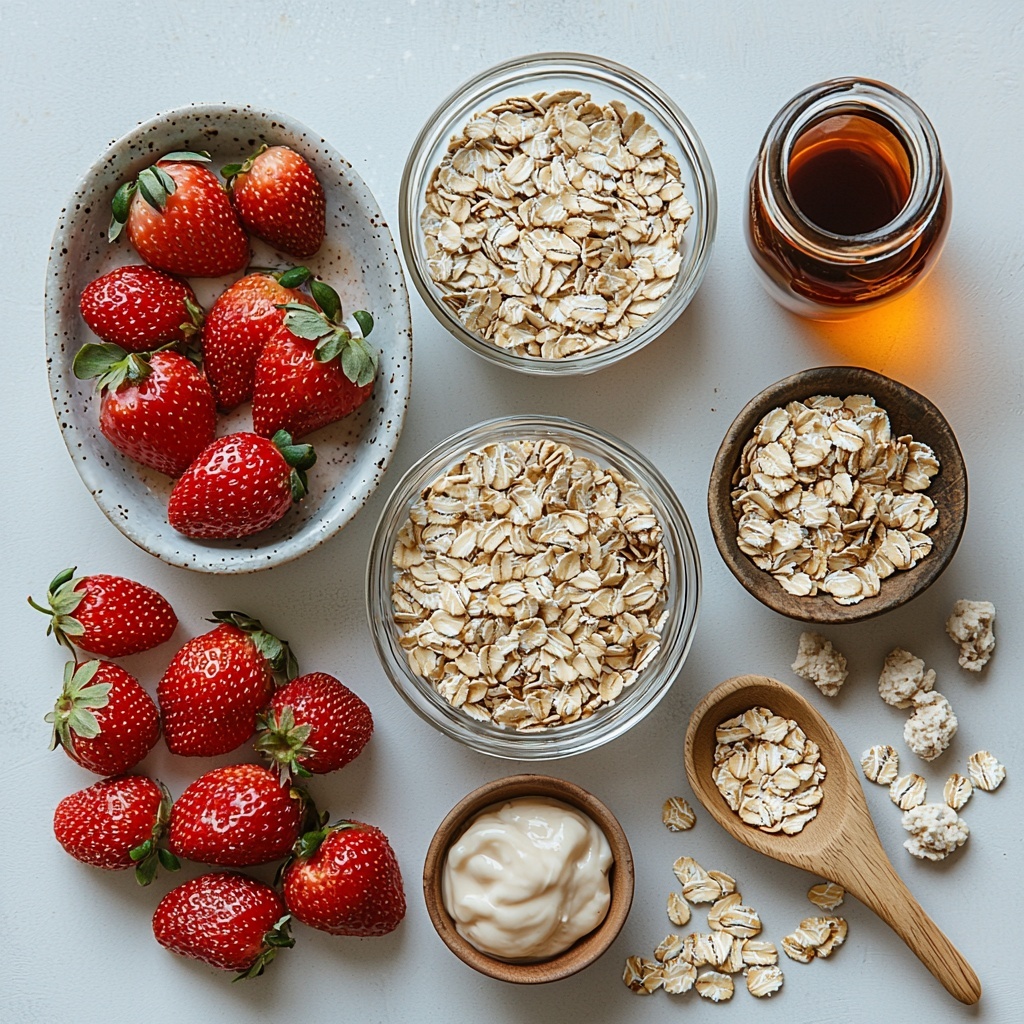 A flat lay arrangement of the main ingredients for blended strawberry overnight oats on a clean white surface: a small glass bowl filled with old fashioned rolled oats showing their coarse, flaky texture; a clear glass measuring cup with creamy almond milk, slightly translucent; a handful of fresh and frozen strawberries, vibrant red with some frost crystals; a small wooden spoon holding rich, smooth cashew or almond butter with a glossy sheen; a small ceramic dish with golden ground flax seeds, fine and powdery; a tiny glass vial of clear vanilla extract next to a small amber bottle of maple syrup with a warm, rich color; a small bowl of creamy, pale pink non-dairy yogurt; and a pile of crushed freeze dried strawberries with bright, vivid red flakes, delicate and crispy. The ingredients are carefully spaced in a harmonious circular pattern with soft natural light casting gentle shadows, highlighting the varied textures and fresh colors, evoking a fresh, healthy breakfast vibe. Overhead shot, top down view, flat lay photography, professional food styling --ar 1:1 --q 2 --s 750 --v 6.1