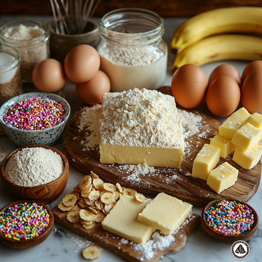 2 cups all-purpose flour in a clear glass bowl, fine white powder texture; 1 teaspoon baking soda and ½ teaspoon kosher salt in small ceramic dishes, smooth and granular; 1 cup granulated sugar sparkling white crystals in a glass jar; ½ cup unsalted butter softened, creamy pale yellow slab on a wooden board with a vintage butter knife; 2 large brown eggs with smooth shells, arranged side by side; 3 ripe medium bananas, bright yellow with some brown spots, one partially peeled showing soft texture; small bowls containing vibrant pink, purple, and neon green gel food coloring with glossy, gel-like textures; ½ cup rainbow sprinkles in a small bowl, colorful tiny sugar shapes; 2 cups confectioners sugar fine white powder in a sieve; 3 tablespoons milk in a small clear glass measuring cup, smooth and translucent liquid; additional rainbow sprinkles scattered loosely around the setup adding pops of color. All ingredients artistically arranged on a clean white marble surface with natural soft lighting to enhance the pastel and vivid colors, gentle shadows, and high contrast textures. Minimalist styling with rustic touches including a whisk and wooden spoon placed diagonally nearby, creating an inviting and organized baking scene. overhead shot, top down view, flat lay photography, professional food styling --ar 1:1 --q 2 --s 750 --v 6.1