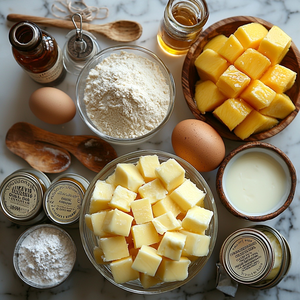 melted butter in a small glass bowl, all-purpose flour sifted into a neat pile, white granulated sugar in a small ceramic dish, baking powder and fine sea salt in tiny ramekins, large brown eggs whole and cracked with yolks visible, a measuring cup of milk, a small bottle of vanilla extract, cream of tartar in a miniature bowl, bright yellow-orange cubed ripe mango neatly arranged in a white bowl, cans of unsweetened coconut milk and sweetened condensed milk with labels visible, a small glass of amber Spanish brandy or Cognac, cold heavy cream in a chilled metal bowl, ground cinnamon in a wooden spice bowl; all ingredients displayed on a clean white marble surface with natural soft lighting creating gentle shadows; arranged symmetrically with a balance of textures from smooth liquids and powdery dry ingredients to vibrant fresh fruit; props include vintage silver spoons, a wooden spatula, and a linen napkin in warm neutral tones to enhance the tropical colors of mango and cream; overhead shot, top down view, flat lay photography, professional food styling --ar 1:1 --q 2 --s 750 --v 6.1