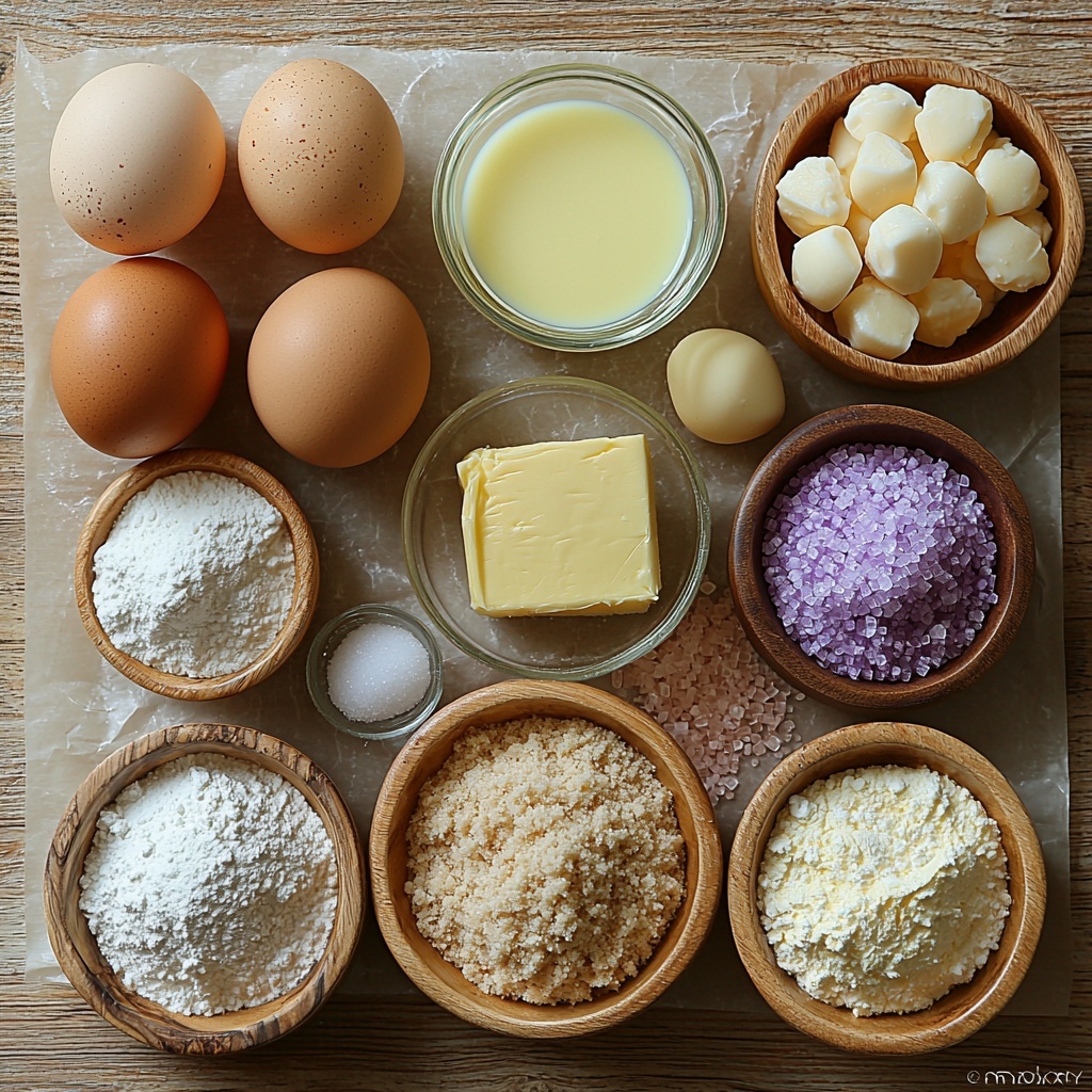 Flat lay photography of Mardi Gras King Cake ingredients arranged neatly on a clean, light wooden surface. The scene includes a small bowl of active dry yeast next to a glass measuring cup with warm milk, a white ceramic bowl filled with granulated sugar, a softened block of unsalted butter on a small wooden butter board, and a little ceramic dish with salt and ground cinnamon side by side. Four large brown eggs are carefully placed next to a mound of all-purpose flour on parchment paper. Three small bowls each contain vibrant purple, green, and yellow colored sugars, their crystalline textures sparkling under soft natural light. A smooth bowl of softened cream cheese contrasts with a small heap of powdered sugar and a tiny glass bowl holding 2 tablespoons of milk. The ingredients are spaced with intentional gaps for visual balance, showcasing a mix of warm yellows, rich purples, fresh greens, and neutral creams, with subtle shadows adding depth and highlighting textures. Overhead shot, top down view, flat lay photography, professional food styling --ar 1:1 --q 2 --s 750 --v 6.1