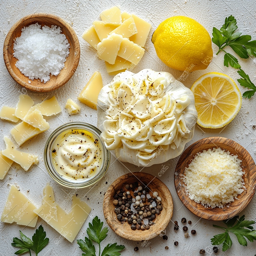 A bright, clean white surface with all the main ingredients carefully arranged in a balanced flat lay composition: a whole head of golden, slightly roasted garlic with papery skin partially peeled back revealing soft cloves; a small glass bowl of rich, glossy olive oil reflecting soft light; a smooth, creamy white bowl filled with thick heavy cream; a rustic wooden plate holding finely grated pale yellow Parmesan cheese; fresh whole lemon with vibrant yellow skin, next to a small dish containing bright yellow lemon zest and a lemon wedge showing juicy pulp; a delicate sprinkling of coarse salt and freshly ground black pepper scattered artistically on the surface; fresh sprigs of vivid green parsley adding a pop of color and texture. The scene is styled with natural light, soft shadows, minimalistic props like a neutral linen napkin, and subtle highlights to emphasize the textures of creamy, zesty, and roasted elements. overhead shot, top down view, flat lay photography, professional food styling --ar 1:1 --q 2 --s 750 --v 6.1