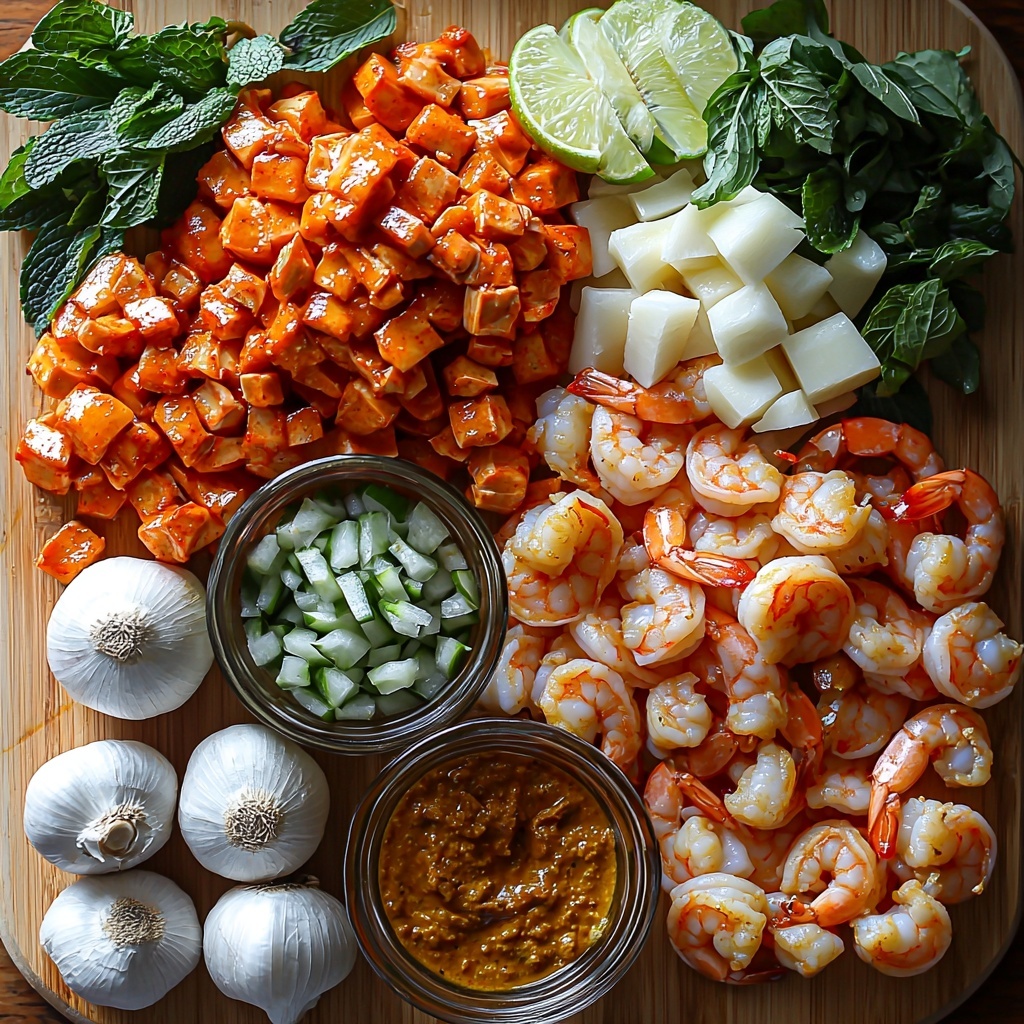 A vibrant flat lay of fresh ingredients for coconut curry soup arranged neatly on a smooth, light wooden surface. Include a small bowl of golden vegetable oil glistening under soft light; a halved lime with bright green flesh alongside a small pile of vivid lime zest; a medium onion thinly sliced into translucent, curved rings; rich red Thai curry paste in a rustic ceramic bowl showing its thick texture; freshly minced ginger with its pale yellow fibrous strands; four peeled garlic cloves finely minced, scattered artfully; a clear glass bowl filled with creamy white coconut milk; a small bowl of pale amber fish sauce with a glossy surface; a heap of sliced white and brown mushrooms with smooth, slightly glossy caps; thinly sliced red bell pepper strips showing vibrant scarlet hues; a pile of medium, raw shrimp with a pinkish seafoam shell texture and delicate curves; a small mound of cooked medium rice noodles, soft and slightly tangled with a glistening look; and a selection of fresh herbs — bright green cilantro leaves, dark glossy Thai basil, and fresh mint sprigs with textured leaves. The elements are spaced evenly with natural shadows, highlighting the variety of colors and textures, evoking freshness and warmth. Overhead shot, top down view, flat lay photography, professional food styling --ar 1:1 --q 2 --s 750 --v 6.1