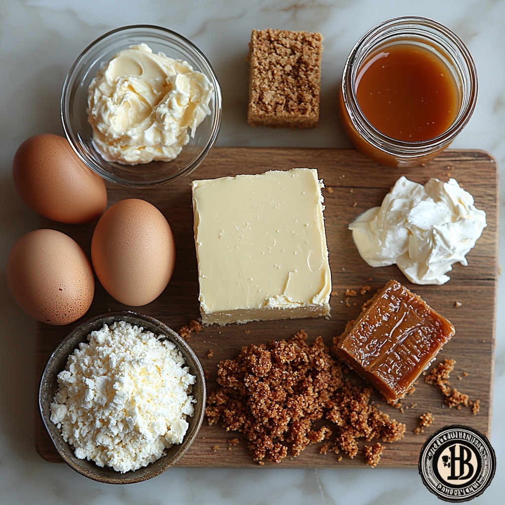 A clean, bright surface with all the main ingredients neatly arranged for a decadent Salted Caramel Butterfinger Cheesecake Bars recipe: a small bowl of finely crushed golden graham cracker crumbs, a glass bowl holding melted unsalted butter with a glossy sheen, a small heap of white granulated sugar crystals glistening under soft light, a smooth block of creamy, off-white softened cream cheese on a rustic wooden board, two large brown eggs with a matte finish placed side by side, a small glass dish of clear vanilla extract, a dollop of thick, pale sour cream with a velvety texture on a white ceramic spoon, two crushed Butterfinger candy bars showing crunchy caramel and peanut butter bits with golden brown and amber hues spilling slightly from a parchment-lined tray, and a small jar of rich, glossy salted caramel sauce with warm amber tones and a silky texture. The elements are spaced evenly with natural shadows creating depth, styled with a minimalistic yet inviting aesthetic on a light, neutral background that enhances the warm, creamy, and golden colors. Overhead shot, top down view, flat lay photography, professional food styling --ar 1:1 --q 2 --s 750 --v 6.1