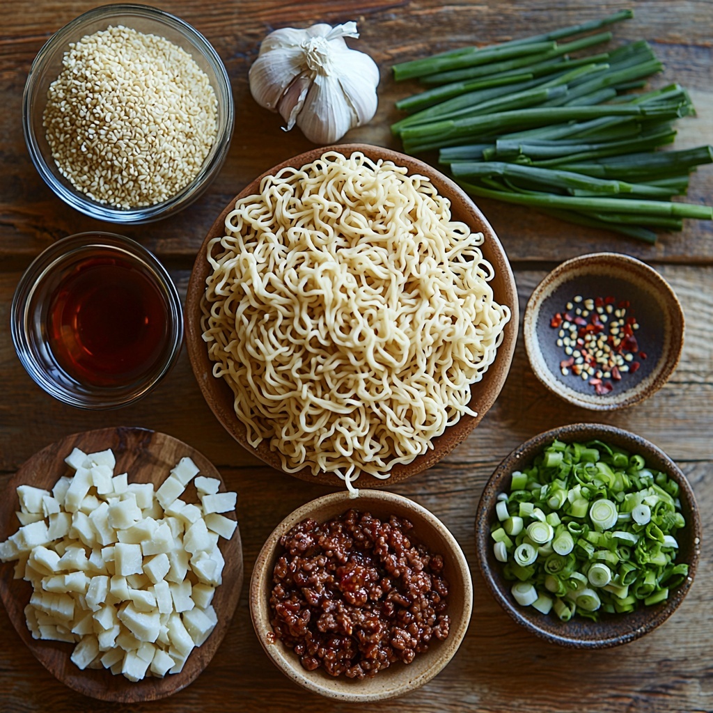 Mongolian Ground Beef Noodles ingredients neatly arranged on a clean, light wooden surface for an overhead flat lay photography: raw lo mein or ramen noodles coiled in a small pile with their pale golden strands and slight sheen; a small bowl of lean ground beef, rich deep red with fine texture; a clear glass bowl of avocado oil, pale green and glossy; fresh garlic cloves scattered, white and slightly papery with some minced garlic visible on a small plate; a small heap of minced fresh ginger, pale yellow with fibrous texture; small bowls containing dark soy sauce and thick, shiny hoisin sauce, both deep brown with glossy surfaces; a wooden spoon resting in a bowl of dark reddish-brown oyster sauce; a small wooden dish with light brown, moist-looking brown sugar crystals; a small pile of bright red pepper flakes adding a pop of color; a glass bowl with fine white cornstarch powder next to a small cup of clear water to represent the slurry; several sliced green onions with vibrant green and white rings, arranged in a small ceramic dish plus a few whole green onions placed elegantly; a tiny dish of shiny white sesame seeds scattered beside; all elements spaced evenly with ample negative space, styled with natural soft daylight casting gentle shadows, clean minimalistic aesthetic emphasizing colors and textures, styled for crisp sharpness and inviting freshness, overhead shot, top down view, flat lay photography, professional food styling --ar 1:1 --q 2 --s 750 --v 6.1