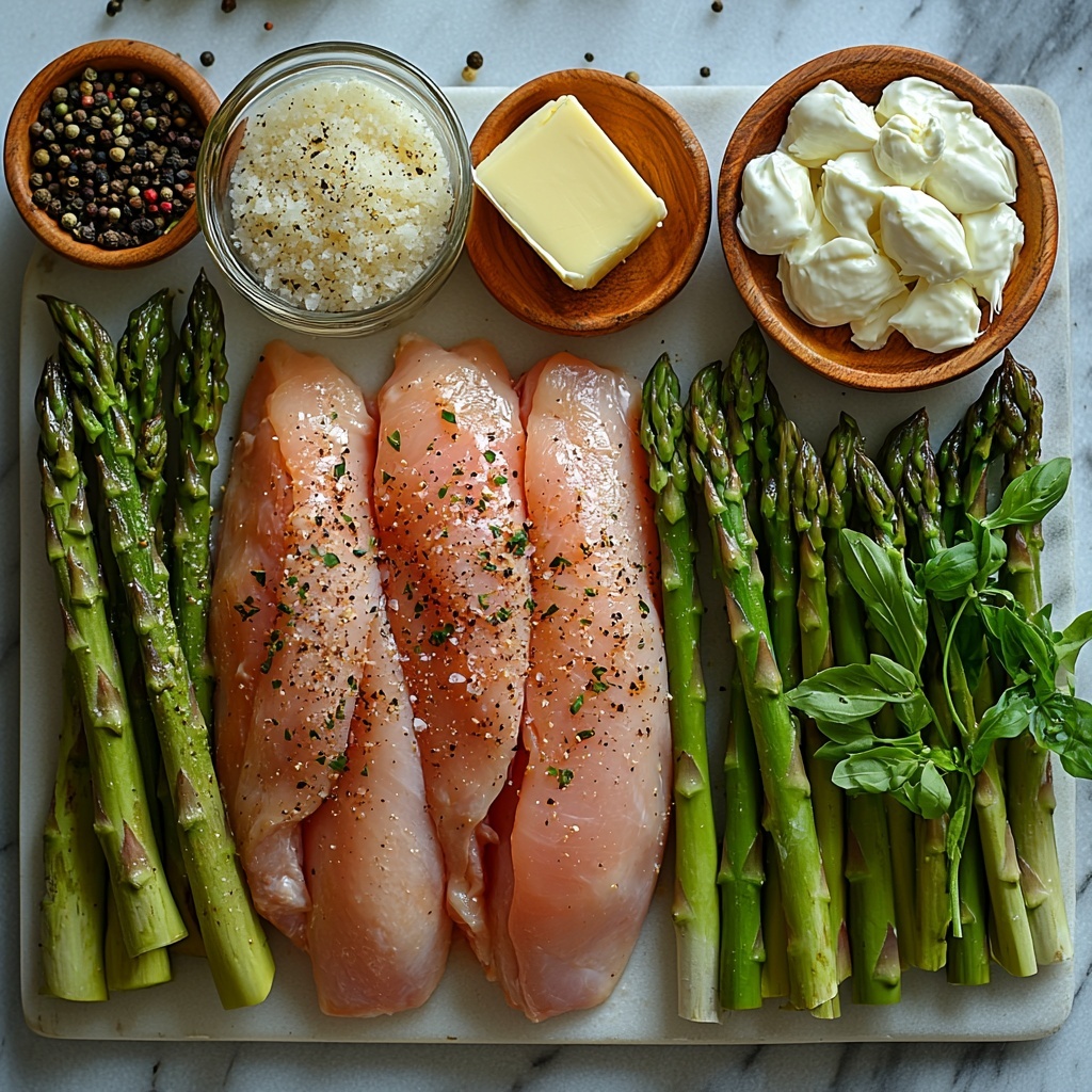 vibrant flat lay of main ingredients for creamy baked chicken and asparagus recipe arranged neatly on a clean white marble surface: two large raw chicken breasts pale pink with smooth texture, a fresh bunch of bright green asparagus stalks trimmed and aligned parallel, small heap of shredded white mozzarella cheese with soft, fluffy texture, a mound of finely grated parmesan cheese with crumbly appearance, three garlic cloves peeled and minced finely, a small glass bowl of thick heavy cream creamy white, a pat of rich yellow butter, sea salt crystals scattered lightly beside a small wooden spoon, coarse black peppercorns in a minimalist dish, dried Italian seasoning herbs sprinkled in a tiny ceramic bowl with green and brown flecks, fresh chopped parsley leaves bright green scattered artfully nearby, warm natural lighting highlighting colors and textures, soft shadows for depth, clean and airy styling with a touch of rustic elegance, minimal props to keep focus on ingredients, overhead shot, top down view, flat lay photography, professional food styling --ar 1:1 --q 2 --s 750 --v 6.1