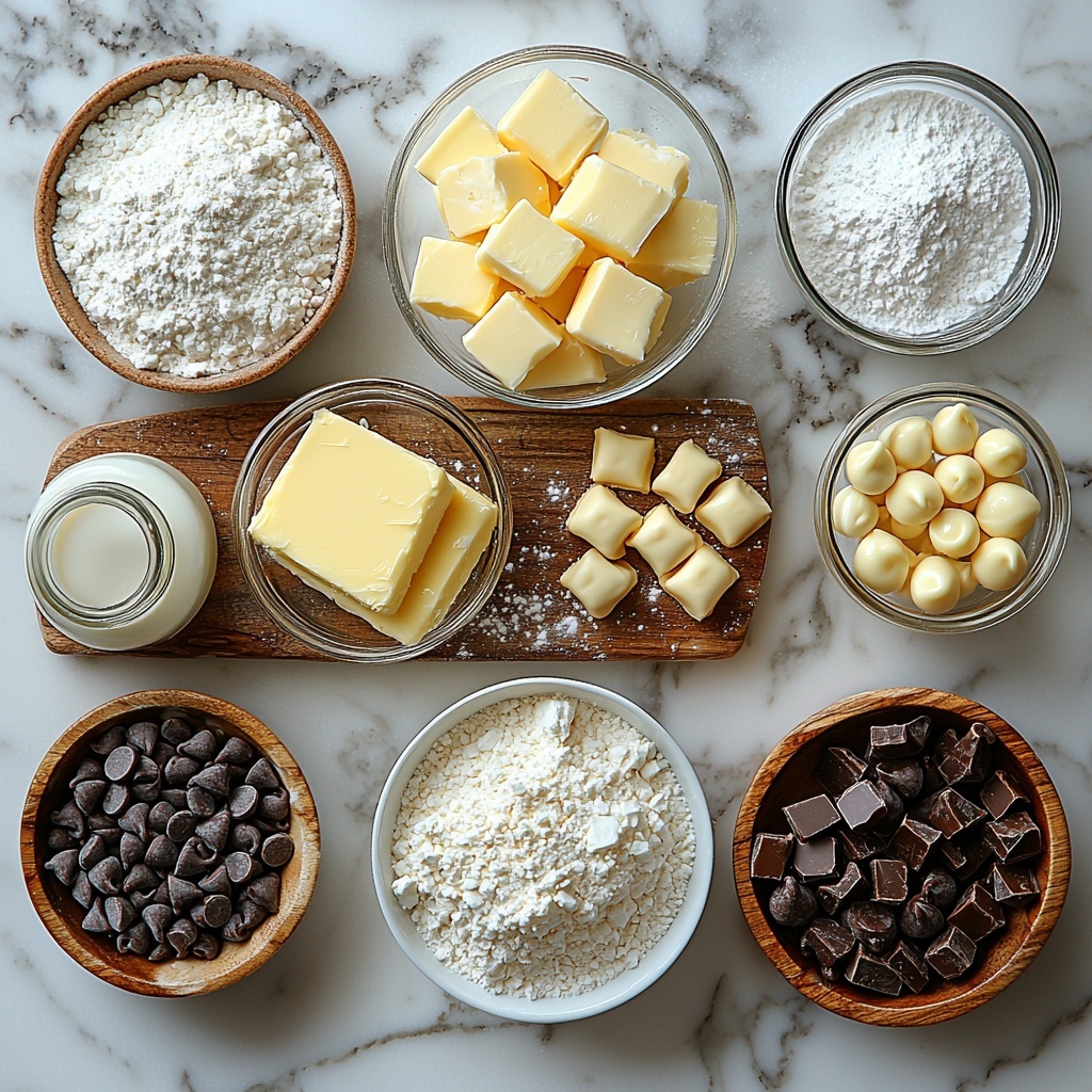 A clean white marble countertop with a neatly arranged flat lay of the main ingredients for Twix cookies: a small glass bowl of softened pale yellow salted butter, a white ceramic bowl filled with fine, powdery white powdered sugar, a small clear glass jar of golden vanilla extract, a tiny white ramekin with fine white baking powder, a heap of off-white all-purpose flour dusted lightly around the bowls and on a wooden rolling pin nearby; a rustic wooden cutting board with individually wrapped rich amber Kraft caramel bits alongside a small cup of smooth whole milk, a pinch bowl with fine white salt, a small glass bowl overflowing with glossy milk chocolate chips, and a tiny dish holding clear, light vegetable oil. The ingredients are spaced evenly with soft natural light casting gentle shadows, highlighting the varied textures—from the powdery sugar and flour to the shiny caramel wrappers and smooth chocolate chips—creating an inviting, warm, and cozy baking atmosphere. Overhead shot, top down view, flat lay photography, professional food styling --ar 1:1 --q 2 --s 750 --v 6.1
