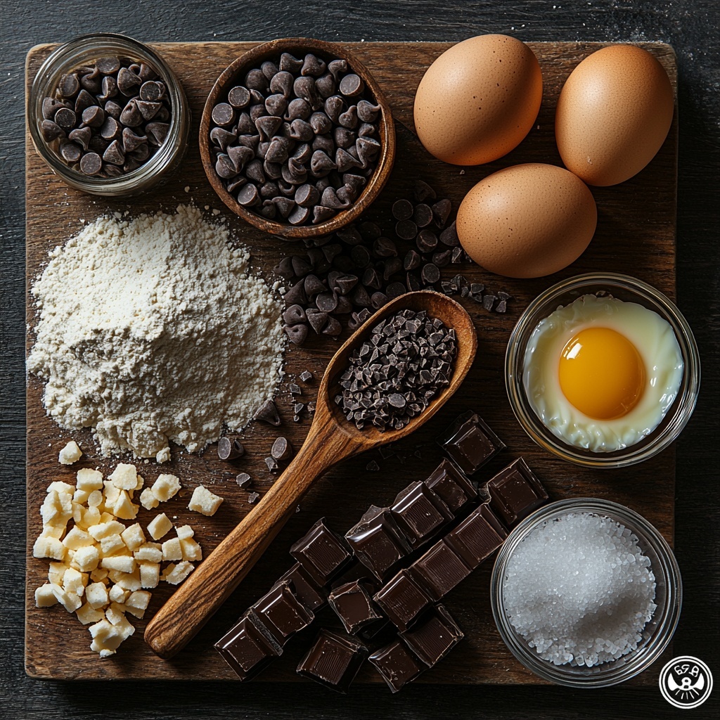 A clean, neutral-toned surface featuring an artfully arranged flat lay of ingredients for chewy chocolate chip cookies: a small heap of all-purpose flour next to a wooden spoon dusted with malted milk powder and corn starch; a small bowl of light brown sugar with a rustic wooden scoop beside it; a pat of glossy, melted salted butter in a small clear glass bowl; a small glass dish holding granulated sugar; a cracked eggshell and whole large eggs at room temperature; a tiny jar of rich, dark vanilla bean paste with a delicate spoon; a scattering of semi-sweet and dark chocolate chips in a ceramic bowl with some chips spilled gently nearby; a pinch of flaky sea salt crystals displayed on a vintage spoon; a small mound of fine salt and a pinch of baking soda in glass ramekins; all ingredients spaced evenly but invitingly, emphasizing varying textures like powdery flour, smooth melted butter, shiny chocolate chips, and coarse sea salt. Soft natural light from the side enhances warm browns and creamy whites, with subtle shadows creating depth. Minimalist styling with natural props and no clutter, focusing on earthy, warm tones and tactile contrasts. Overhead shot, top down view, flat lay photography, professional food styling --ar 1:1 --q 2 --s 750 --v 6.1