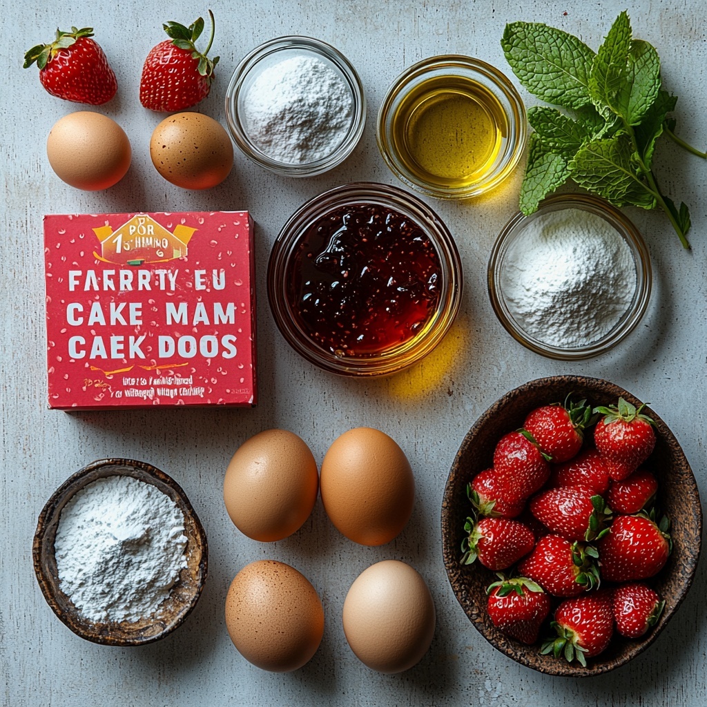 A clean white tabletop with the main ingredients for strawberry brownies neatly arranged: a vibrant pink and red box of strawberry cake mix with bold typography, two large brown eggs side by side, a small glass bowl with clear golden vegetable oil glistening, a small glass bottle with vanilla extract featuring a dark liquid inside, a rustic small bowl filled with fine white powdered sugar, a small glass dish containing glossy red strawberry preserves, and a tiny cup of creamy light beige milk. The ingredients are spaced evenly with soft natural light casting gentle shadows, highlighting the contrasting colors and textures—the smooth eggshells, the powdery sugar, the shiny preserves, and the reflective oil. A few fresh whole strawberries and a sprig of green mint leaves are artfully placed nearby to add freshness and color contrast. The composition is clean, minimal, and bright with subtle shadows and negative space, styled for appetizing and inviting food photography. overhead shot, top down view, flat lay photography, professional food styling --ar 1:1 --q 2 --s 750 --v 6.1