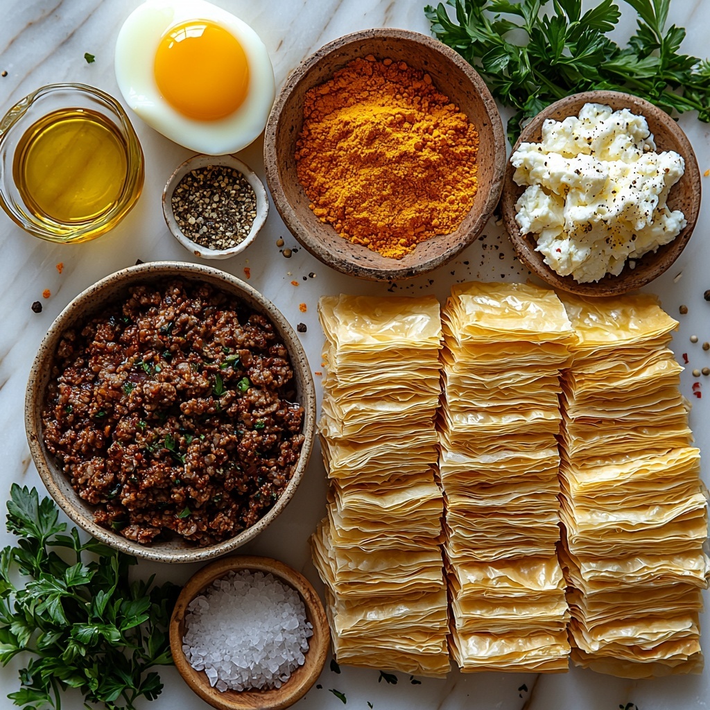 Tunisian Brik pastry ingredients arranged neatly on a clean white marble surface: raw ground beef and lamb mixture in a small rustic bowl with visible texture of minced meat, finely chopped small onion scattered nearby, bright green fresh parsley sprigs and chopped leaves artfully placed, small wooden spoon with warm golden ground cumin and pale brown ground coriander powders in neat piles, coarse salt crystals and cracked black peppercorns casually spread, four large thin sheets of golden phyllo pastry fanned out showing delicate, flaky layers, four large fresh eggs with smooth white shells arranged in a cluster, a small bowl of finely grated creamy Gruyère or mozzarella cheese with soft texture, a small glass jar of sunflower or vegetable oil catching light, overall warm natural lighting highlighting the contrast between the golden phyllo, rich meat, fresh herbs, and smooth eggs, styled with minimal rustic props like a wooden cutting board edge and linen napkin for an inviting feel, subtle shadows and clean space emphasizing ingredient freshness, overhead shot, top down view, flat lay photography, professional food styling --ar 1:1 --q 2 --s 750 --v 6.1