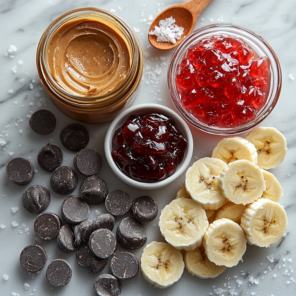 A clean white surface neatly arranged with the main ingredients for frozen peanut butter and jelly banana bites: a small bowl of dark chocolate chips (rich, glossy deep brown) beside a small dish of smooth coconut oil (clear, slightly shiny), a jar of creamy peanut butter with a visible swirl texture, a spoonful of vibrant red strawberry jelly glistening under soft light, a handful of finely crushed golden-brown peanuts scattered thoughtfully, and a ripe banana sliced into uniform 1/2-inch rounds showing creamy pale yellow with subtle brown speckles. The ingredients are spaced evenly with natural shadows to emphasize texture and freshness, styled with minimal props like a rustic wooden spoon and a delicate pinch bowl for the sea salt. The scene conveys warmth and anticipation, highlighting contrasting colors and smooth versus crunchy textures. overhead shot, top down view, flat lay photography, professional food styling --ar 1:1 --q 2 --s 750 --v 6.1