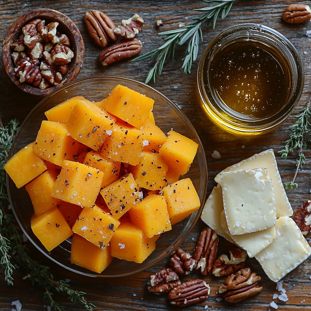 medium peeled cubed butternut squash with vibrant orange color, glossy 2 tablespoons olive oil in a small glass bowl, coarse sea salt and cracked black pepper scattered artistically, wedges and torn pieces of creamy brie cheese with smooth white rind arranged in a loose cluster, a small rustic bowl filled with rich toasted pecans showcasing their deep brown, crinkled texture, a small jar of golden hot honey with visible chili flakes suspended inside, sprigs of fresh green thyme and rosemary laid delicately to add natural freshness, all ingredients spaced evenly on a clean light wooden surface with soft natural lighting highlighting the textures and colors, slight shadows for depth, minimal props to maintain focus on raw ingredients, styled to evoke warmth and cozy autumn vibes, overhead shot, top down view, flat lay photography, professional food styling --ar 1:1 --q 2 --s 750 --v 6.1