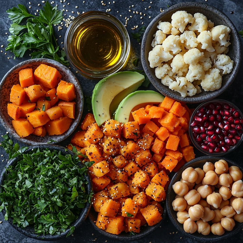 A clean, bright surface featuring a flat lay arrangement of fresh and cooked ingredients for a golden roasted vegetable and chickpea bowl. Neatly separated piles of raw cauliflower florets, vibrant orange cubed sweet potatoes, and sliced carrots display varied textures and earthy colors. Nearby, a small bowl holds cooked, glossy chickpeas, showcasing their beige tones. A rustic bowl contains creamy beige tahini, with a small dish of golden olive oil beside it. Ground spices—smoked paprika with deep red hues, warm light brown cumin, bright yellow turmeric, and coarse black pepper—are artfully sprinkled or presented in tiny ceramic spoons. A wedge of lemon and small glass jar of maple syrup add natural accents. A bowl of fluffy cooked quinoa with a light, grainy texture sits ready. Fresh, finely chopped bright green parsley is scattered organically along with optional toppings: jewel-like red pomegranate seeds, matte green pumpkin seeds, and a few slices of creamy avocado with pale green flesh. The overall color palette is warm and autumnal, rich with contrasting textures from smooth tahini to crunchy seeds and roasted vegetables. Soft natural lighting highlights the vibrant, healthy ingredients, styled with minimal props and plenty of negative space to emphasize freshness and simplicity. Overhead shot, top down view, flat lay photography, professional food styling --ar 1:1 --q 2 --s 750 --v 6.1