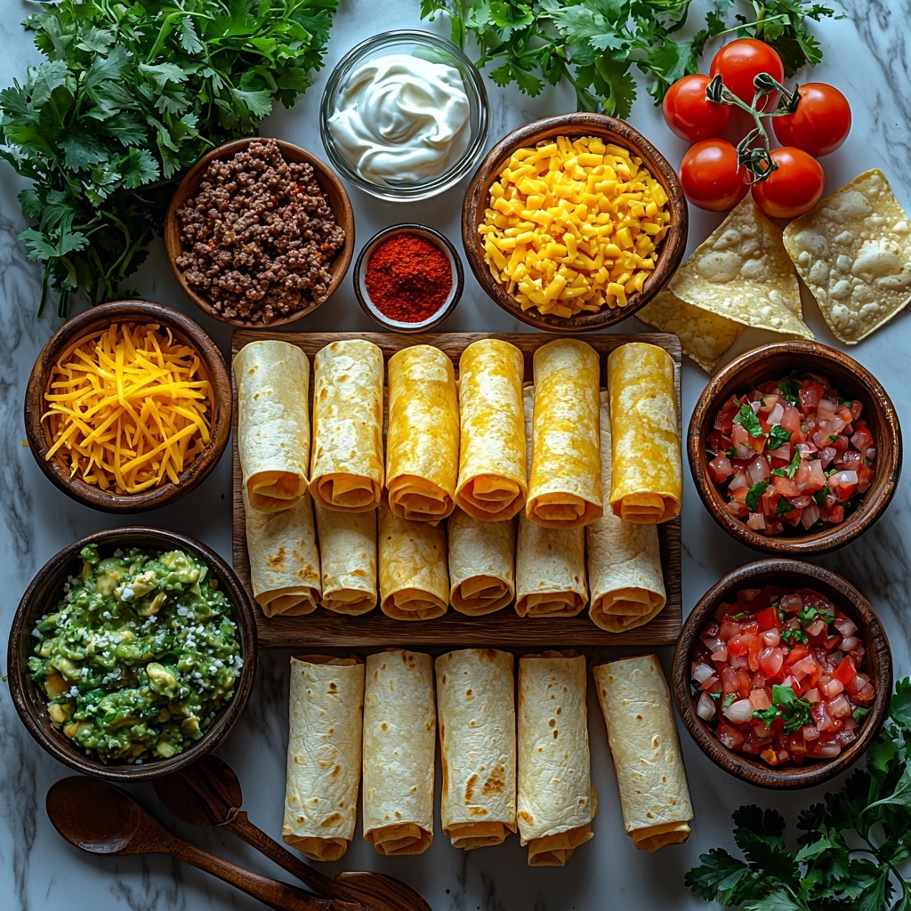 A vibrant flat lay of main ingredients for crispy cheesy beef taquitos arranged neatly on a clean white marble surface: raw ground beef in a small rustic bowl showing rich red color and coarse texture, a small wooden dish with bright yellow shredded cheddar and Mexican blend cheese, a cluster of 10-12 soft, small flour tortillas stacked slightly fanned out with their warm, pale beige tones, small ceramic bowls containing golden vegetable oil with a subtle shine, and assorted spices—garlic powder, onion powder, chili powder, cumin, salt, and black pepper—displayed in tiny white porcelain scoops with their fine powders and warm earthy colors visible. Optional toppings include a dollop of creamy sour cream in a clear glass ramekin, fresh green guacamole with chunks of avocado and cilantro garnish, and chunky red salsa with visible tomato pieces, all arranged harmoniously with wooden spoons, fresh cilantro sprigs for a pop of green, and a few tortilla chips casually placed to add texture contrast. Soft natural light casting gentle shadows enhances the rich colors and textures, styled minimally but inviting with natural elements, focusing on freshness and authenticity. overhead shot, top down view, flat lay photography, professional food styling --ar 1:1 --q 2 --s 750 --v 6.1