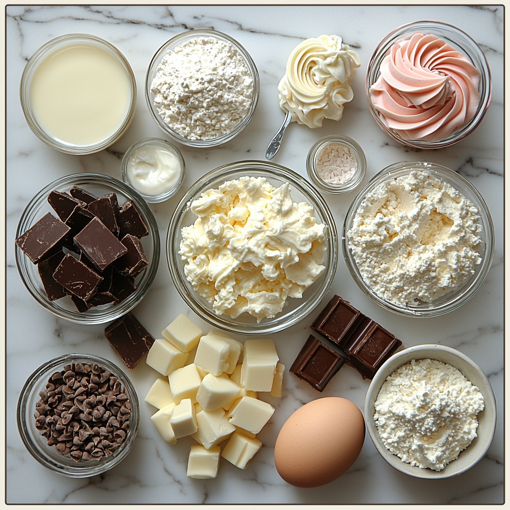 vanilla cake ingredients including all-purpose flour in a neat small bowl, baking powder and salt in tiny dishes, softened unsalted butter shaped into a smooth block, granulated sugar in a clear glass bowl, four large eggs with smooth shells, a small bottle of vanilla bean paste, a cup of whole milk in a glass measuring cup; cream cheese whipped filling components featuring softened cream cheese in a ceramic bowl, powdered sugar dusted nearby, a small glass with vanilla extract, a chilled bowl of heavy whipping cream with soft peaks; terrazzo chocolate shard materials with melted white chocolate in a warm bowl surrounded by small containers of gel food coloring in red, pink, burgundy, and ivory shades, pieces of parchment paper with colorful irregular melted chocolate blobs drying; pink buttercream ingredients showing softened unsalted butter in a butter dish, powdered sugar mounded in a white bowl, a small jug of heavy cream or milk, a bottle of vanilla extract, gel food coloring in light pink; all items arranged artfully on a clean white marble surface, colors vibrant and varied with soft natural lighting, slight shadows adding depth, styled with minimal props to emphasize textures such as smooth butter, fluffy cream, glossy melted chocolate, and fine powdered sugar dust, delicate utensil spoons placed nearby for a balanced composition; overhead shot, top down view, flat lay photography, professional food styling --ar 1:1 --q 2 --s 750 --v 6.1