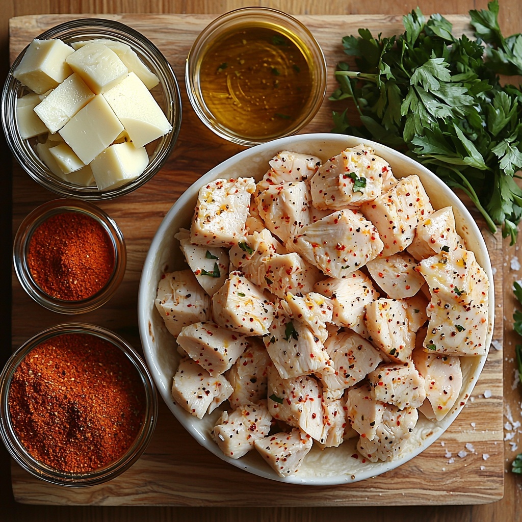 diced raw chicken breasts in a small white bowl coated with olive oil and sprinkled with garlic powder, onion powder, paprika, salt, and pepper, next to a small glass bowl of golden olive oil, an open container with garlic powder, onion powder, and paprika arranged neatly nearby; four large flour tortillas laid out flat with smooth pale beige texture; separate piles of shredded cheddar cheese with bright orange color and shredded mozzarella cheese with soft white texture; a small bowl of creamy garlic sauce with a silky texture and off-white color; fresh chopped parsley scattered artfully around with vibrant green leaves; all ingredients arranged neatly on a clean light wooden surface with soft natural lighting highlighting textures and colors, subtle shadows for depth, styled with minimal rustic props for warmth overhead shot, top down view, flat lay photography, professional food styling --ar 1:1 --q 2 --s 750 --v 6.1