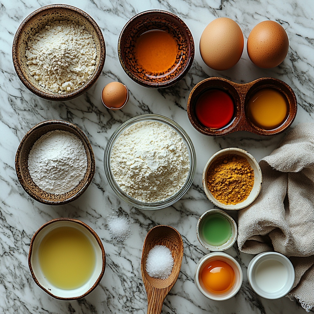 2 cups all-purpose flour in a small ceramic bowl with a slightly textured surface, 2 tablespoons white granulated sugar in a glass ramekin, 1 tablespoon baking powder in a wooden scoop, 1/2 teaspoon fine salt spilled artistically beside a vintage metal measuring spoon, 2 large brown eggs with smooth shells cracked open next to an empty eggshell, 1 3/4 cups milk in a clear glass measuring cup with soft condensation, 1/2 cup melted butter in a small white pouring jug showing golden liquid sheen, six small bowls each filled with vibrant food coloring in red, orange, yellow, green, blue, and purple hues arranged in a rainbow arc, set on a clean white marble surface that enhances bright colors with natural light casting soft shadows, delicate linen napkin folded nearby, subtle flour dusting and a wooden mixing spoon adding texture and warmth, overhead shot, top down view, flat lay photography, professional food styling --ar 1:1 --q 2 --s 750 --v 6.1