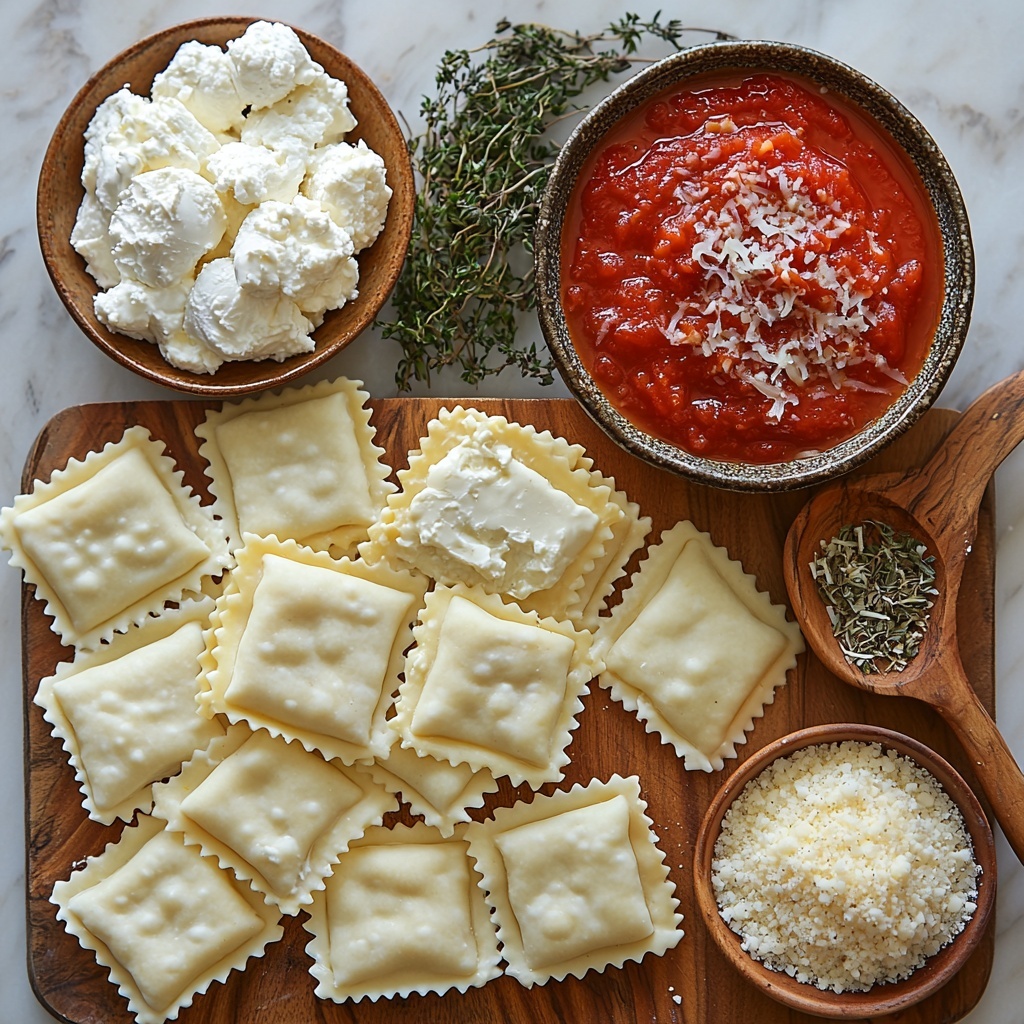 Fresh or frozen cheese ravioli arranged in a neat cluster showcasing their smooth, plump texture and pale yellow color; a small bowl of vibrant red marinara sauce speckled with dried Italian herbs; a rustic wooden spoon resting beside the sauce; a bowl of creamy white ricotta cheese with a soft, fluffy texture; a small heap of shredded whole milk mozzarella cheese, white and slightly stringy; a small pile of finely grated Parmesan cheese with its pale ivory grains; a teaspoon of dried Italian herbs scattered artistically on the surface; all ingredients carefully spaced on a clean, light-colored marble countertop to enhance natural colors and textures. Soft natural lighting highlighting freshness and contrasting textures, subtle shadows adding depth, minimal props to keep focus on ingredients, clean and elegant styling, overhead shot, top down view, flat lay photography, professional food styling --ar 1:1 --q 2 --s 750 --v 6.1