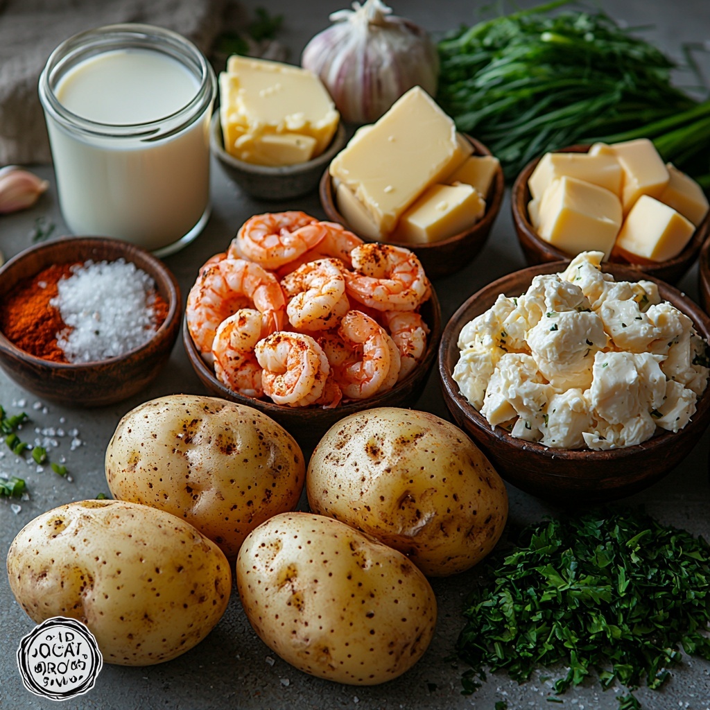 4 large russet potatoes with rough brown skin, a bowl of chopped cooked pink shrimp, a bowl of white crab meat and seafood blend, a small dish of golden unsalted butter, a glass of creamy whole milk or heavy cream, a bowl of thick white sour cream, a small heap of shredded bright orange cheddar cheese, small bowls containing reddish-brown Cajun seasoning, fine garlic powder, and deep red paprika, scattered coarse salt crystals and cracked black peppercorns, fresh green sliced green onions and sprigs of leafy parsley. All ingredients neatly arranged on a clean white surface, balanced composition with contrasting colors and textures highlighting rustic earth tones of potatoes, vibrant seafood, and warm spices. Natural soft lighting enhances the creamy, buttery textures and vivid colors, styled with subtle shadows for depth, arranged thoughtfully with some ingredients in small rustic bowls and others loose for a natural, inviting feel. Overhead shot, top down view, flat lay photography, professional food styling --ar 1:1 --q 2 --s 750 --v 6.1