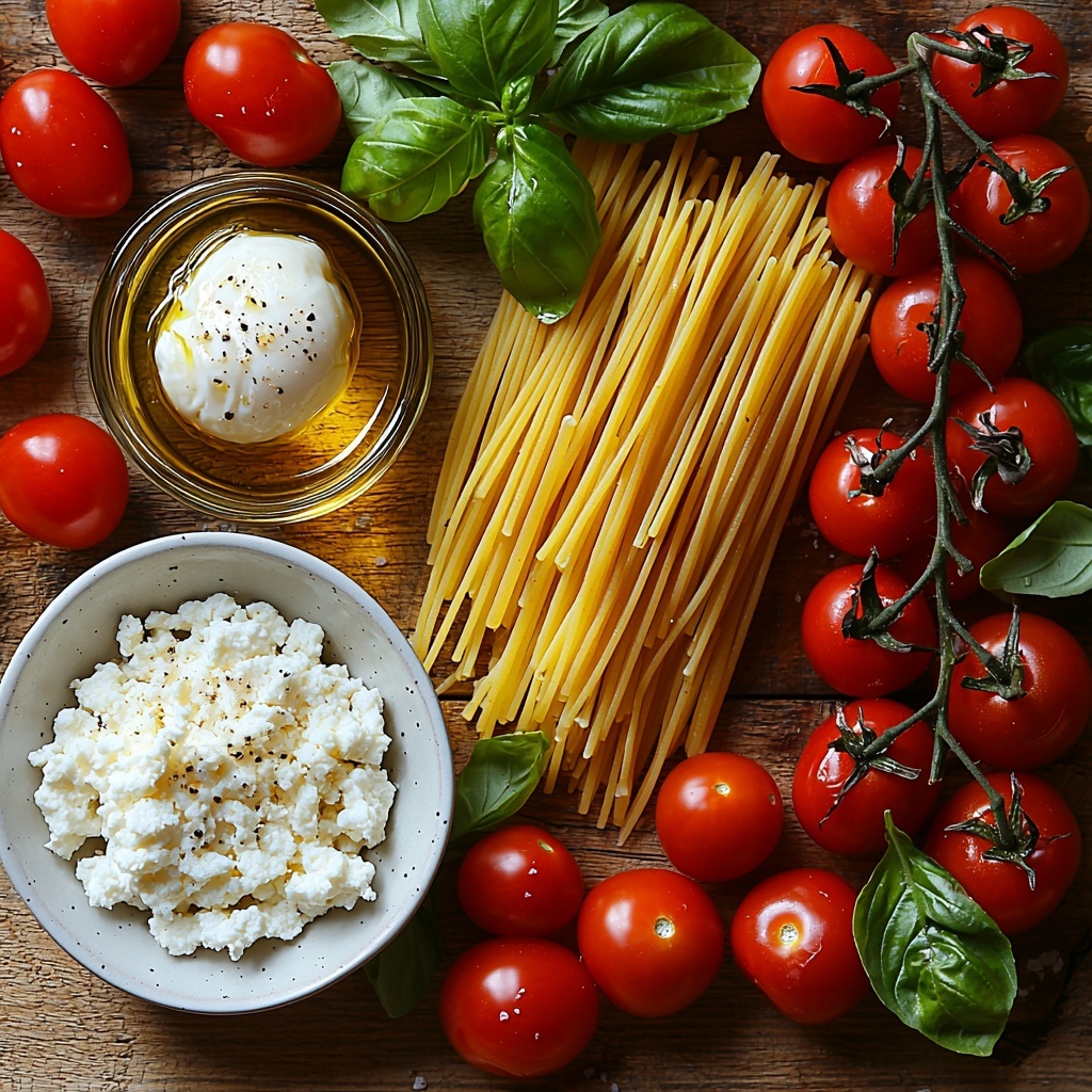 A clean, light wood surface with ingredients for Easy Pasta with Burrata neatly arranged in a balanced flat lay composition. Featuring a small glass bowl of golden olive oil with a slight sheen, a cluster of vibrant red cherry tomatoes with smooth, glossy skins, a small heap of finely minced garlic showing delicate pale yellow pieces, a rustic pinch of coarse kosher salt crystals sparkling subtly, uncooked long strands of golden spaghetti or bucatini fanned out loosely to show texture, a small bowl of freshly grated parmesan cheese with fluffy, snowy white texture, fresh bright green chopped basil leaves scattered naturally with some whole basil sprigs for garnish, and an 8-ounce ball of soft, creamy white burrata resting on a simple white ceramic plate with its smooth, milky surface clearly visible. The arrangement is airy and uncluttered, with natural daylight highlighting the vibrant colors and varied textures, styled with minimal shadows and a few fresh basil leaves placed elegantly to add contrast and freshness. Overhead shot, top down view, flat lay photography, professional food styling --ar 1:1 --q 2 --s 750 --v 6.1