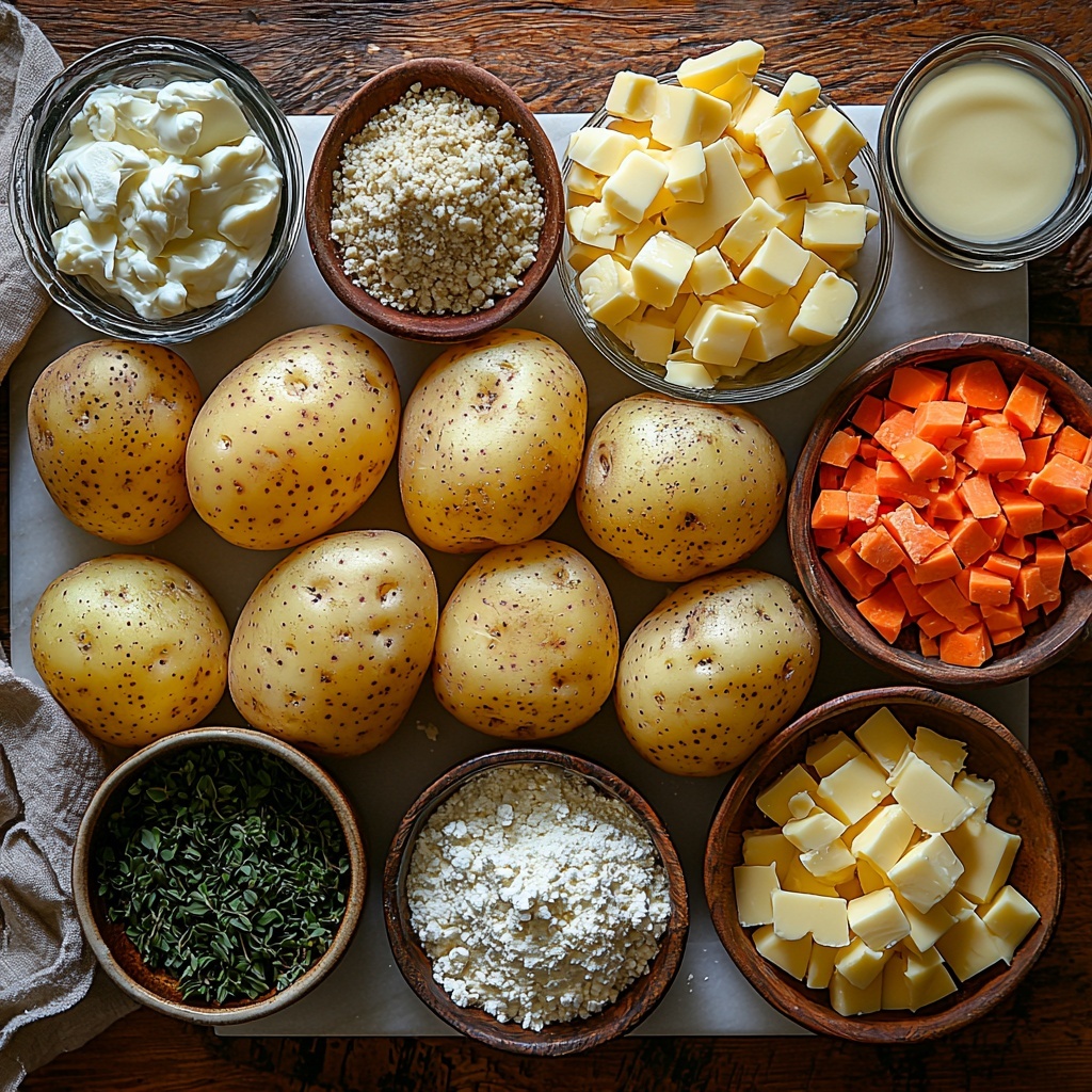 4 large russet potatoes, peeled and halved with coarse skin texture visible, a small bowl of creamy white sour cream, 1 lb raw ground beef in a rustic heap showing deep red and marbled fat, 1 diced yellow onion with translucent bright yellow pieces and some whole onion segments, 3 whole garlic cloves and minced garlic scattered nearby, 3 tablespoons salted butter in small golden pats, a small pile of pale beige all-purpose flour, a clear glass measuring cup with golden chicken broth, a glass container with creamy off-white half and half, a small vintage bowl with dark brown Worcestershire sauce, dried Italian seasoning herbs scattered in a delicate pile, mustard powder in a small heap of pale yellow, sage leaves lightly crumbled and dry with green-gray color, 2 cups shredded cheddar cheese in vibrant orange-yellow shreds, 1½ cups mixed frozen vegetables with visible bright green peas, orange carrot pieces, and yellow corn kernels, salt and black pepper in small ceramic bowls. All ingredients are meticulously arranged on a crisp white marble surface with natural soft daylight, subtle shadows adding depth, slight texture contrasts between smooth dairy, rough herbs, and granular powders. The composition is balanced with bowls and ingredients spaced evenly, a neutral linen napkin folded nearby, creating a warm cozy rustic kitchen vibe. overhead shot, top down view, flat lay photography, professional food styling --ar 1:1 --q 2 --s 750 --v 6.1