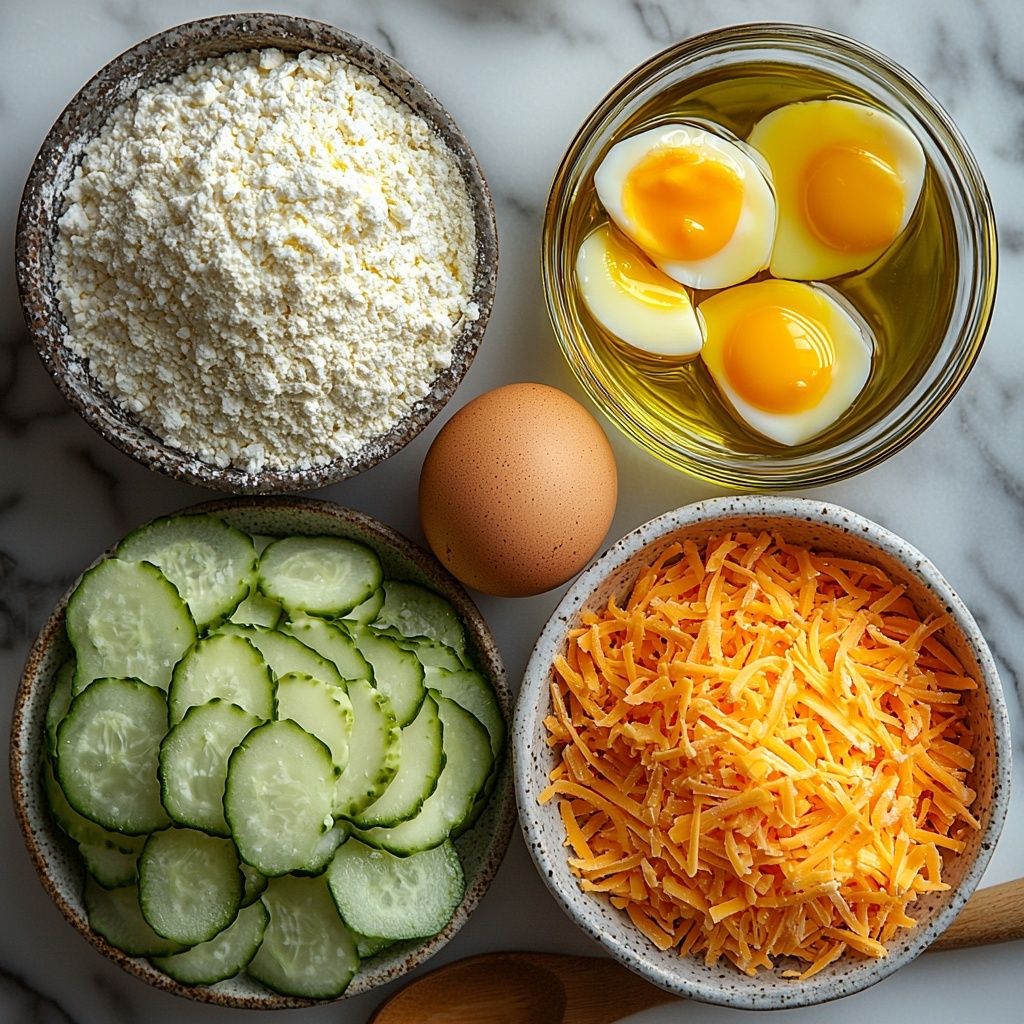 dill pickle slices in a small glass bowl, bright green with crisp texture; shredded cheddar cheese piled loosely, vibrant orange and slightly curly; fine white flour arranged in a small ceramic bowl; golden brown breadcrumbs mixed with visible flecks of garlic and onion powder in a rustic bowl; two large eggs cracked open in a white bowl with smooth, glossy yolks; a small glass container of golden frying oil; all ingredients neatly spaced on a clean white marble surface, natural soft lighting highlighting textures and colors, minimal shadows, subtle rustic kitchen props like a wooden spoon and linen napkin placed casually nearby for warmth and context, vibrant and fresh, overhead shot, top down view, flat lay photography, professional food styling --ar 1:1 --q 2 --s 750 --v 6.1